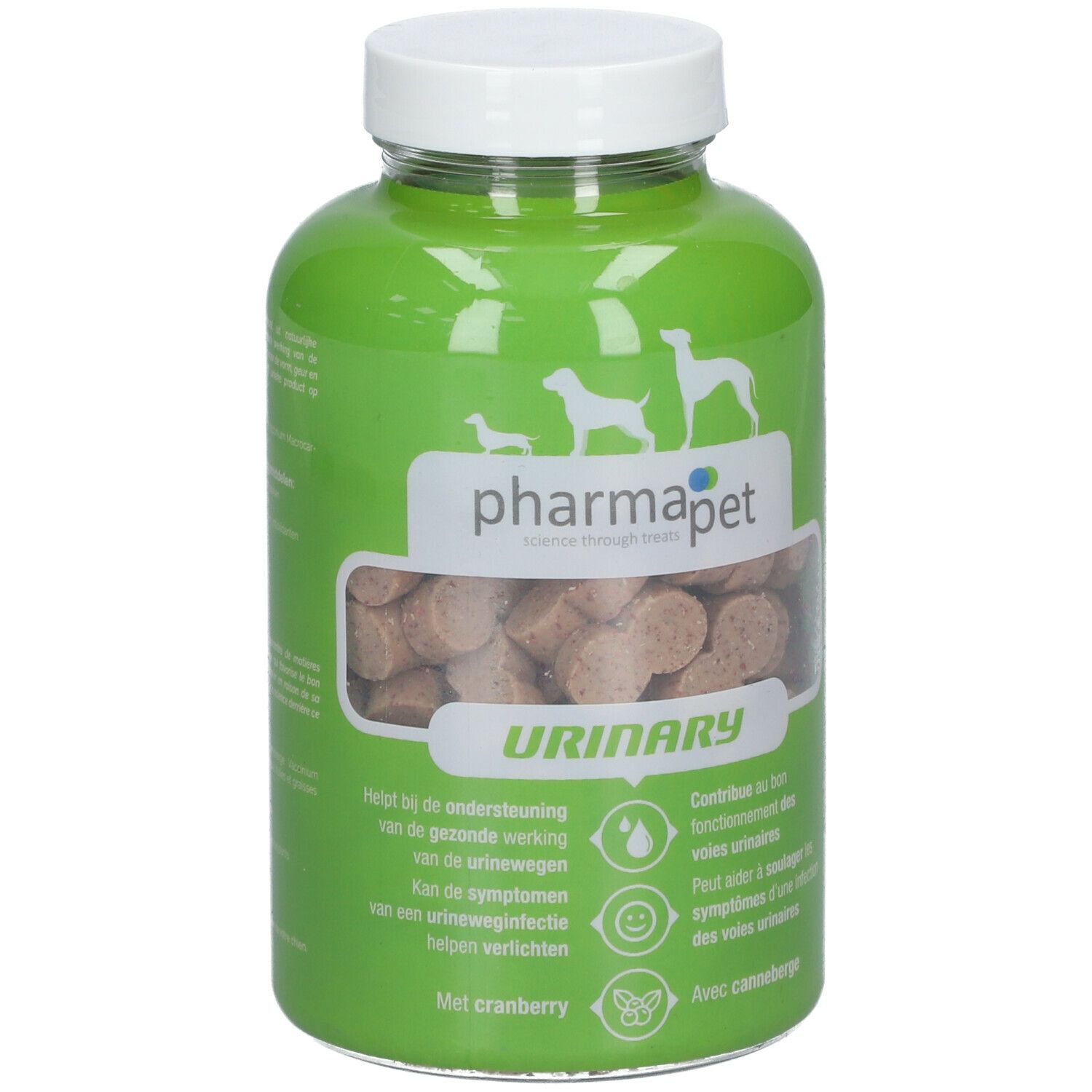 Groene fles met witte dop. Bevat tabletten. Opschrift: pharmapet URINARY. Met cranberry.