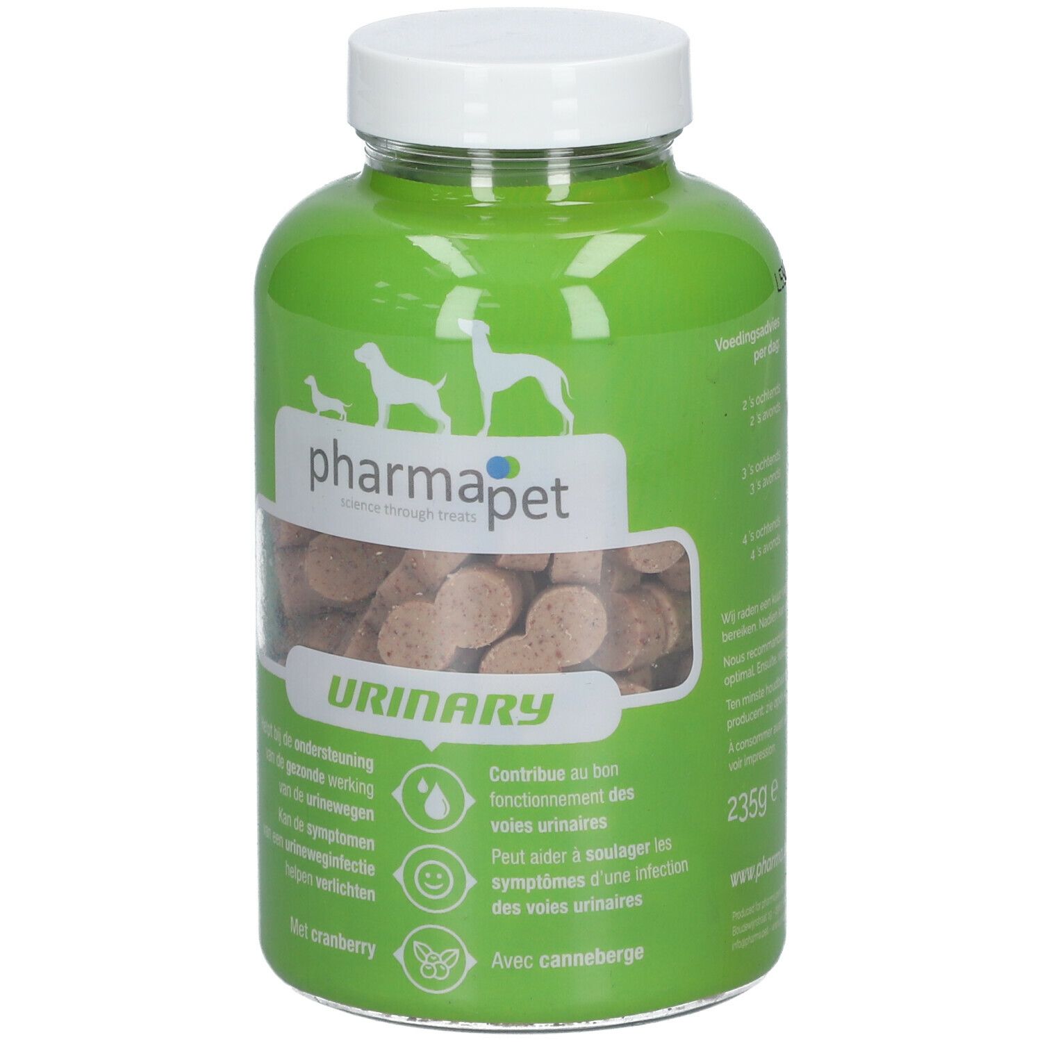 Groene fles met witte dop. Bevat tabletten. Opschrift: pharmapet URINARY. Met cranberry.
