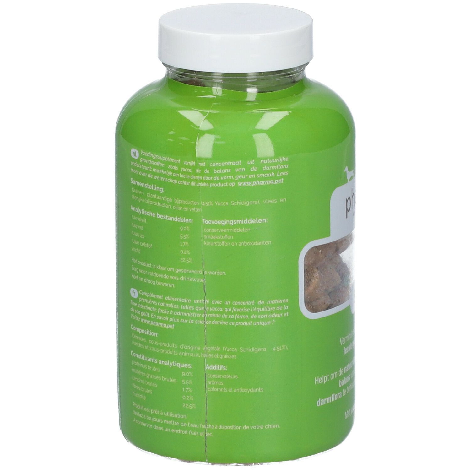 Rückseite einer grünen Flasche mit weißem Deckel. Text in mehreren Sprachen. Enthält analytische Bestandteile und Inhaltsstoffe.