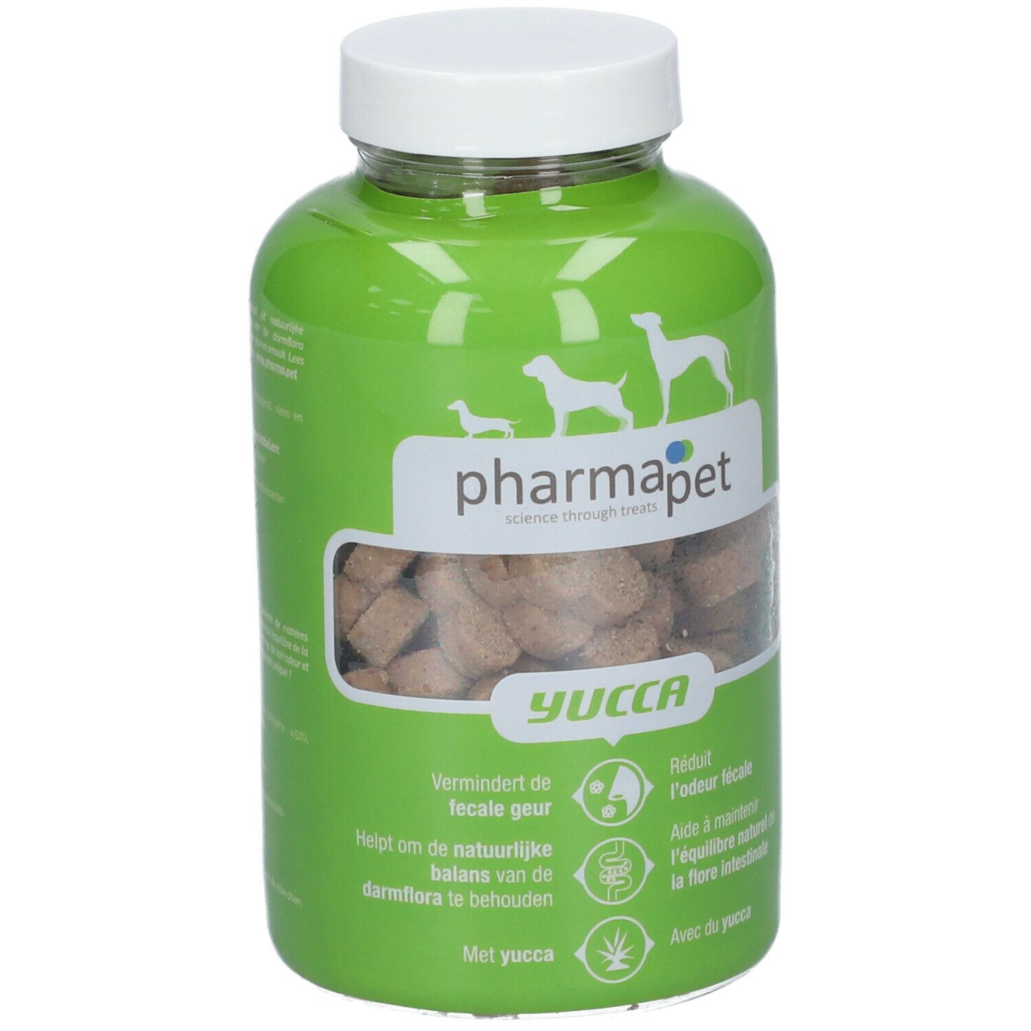 Grüne Flasche mit weißen Deckel. Enthält braune, eckige Leckerlis. Aufschrift: pharmapet, Yucca. Hunde-Silhouette.