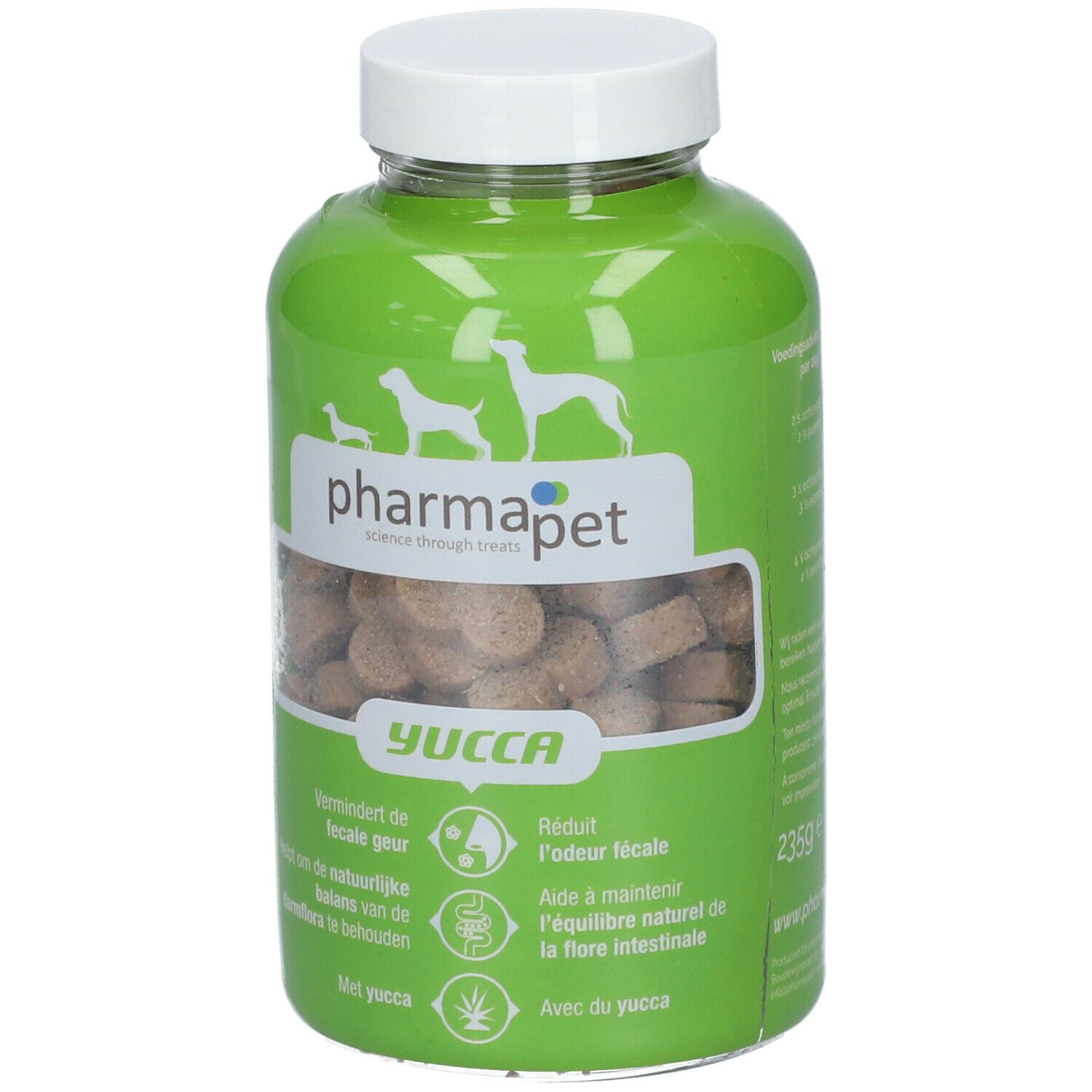 Grüne Flasche mit weißen Deckel. Enthält braune, eckige Leckerlis. Aufschrift: pharmapet, Yucca. Hunde-Silhouette.