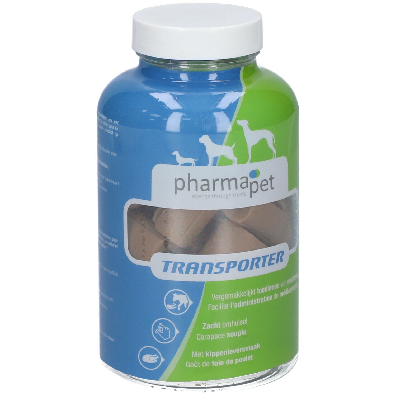 Glazen fles met witte dop. Etiket met "pharmapet Transporter". Bruine, ovale tabletten zichtbaar.