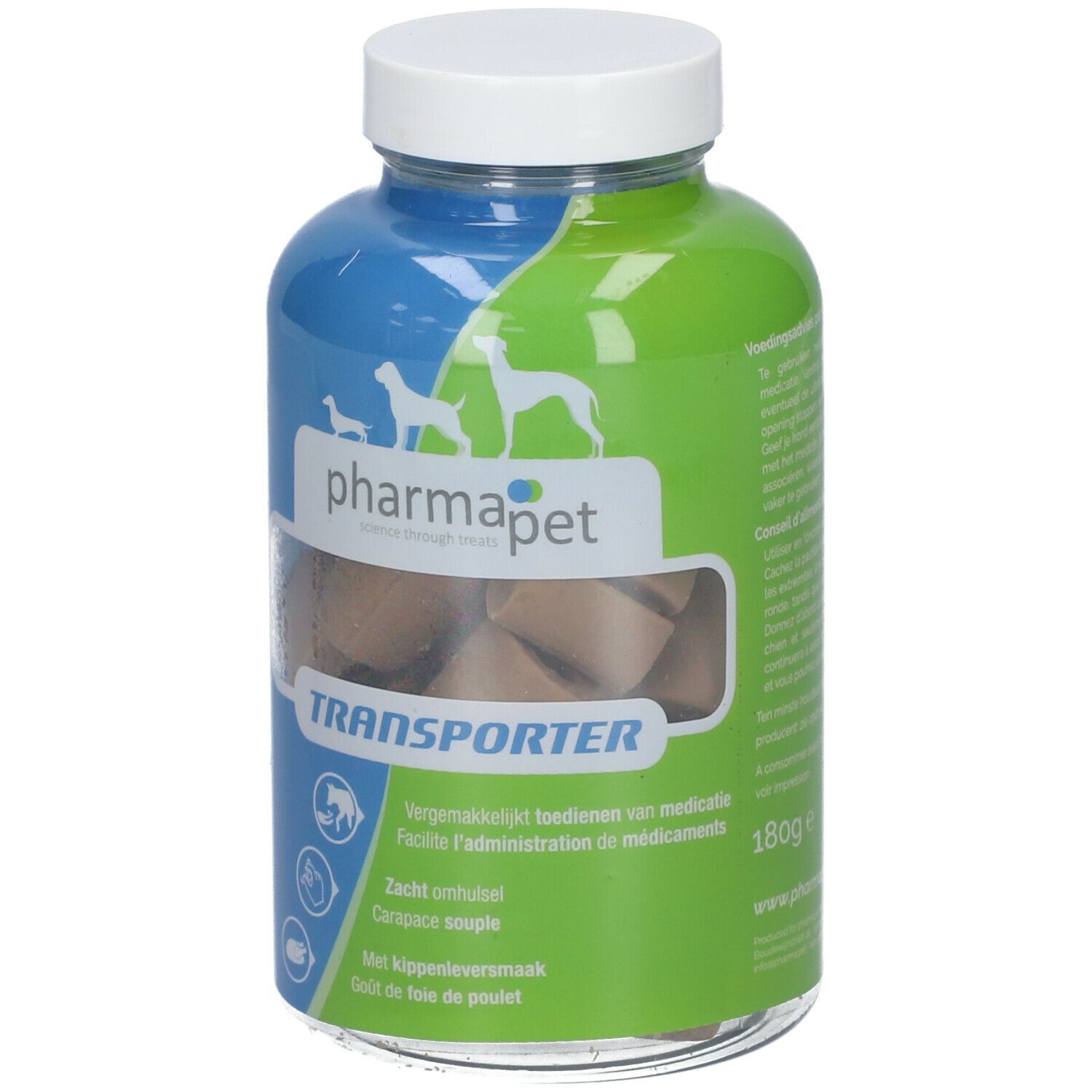 Glazen fles met witte dop. Etiket met "pharmapet Transporter". Bruine, ovale tabletten zichtbaar. 180g.