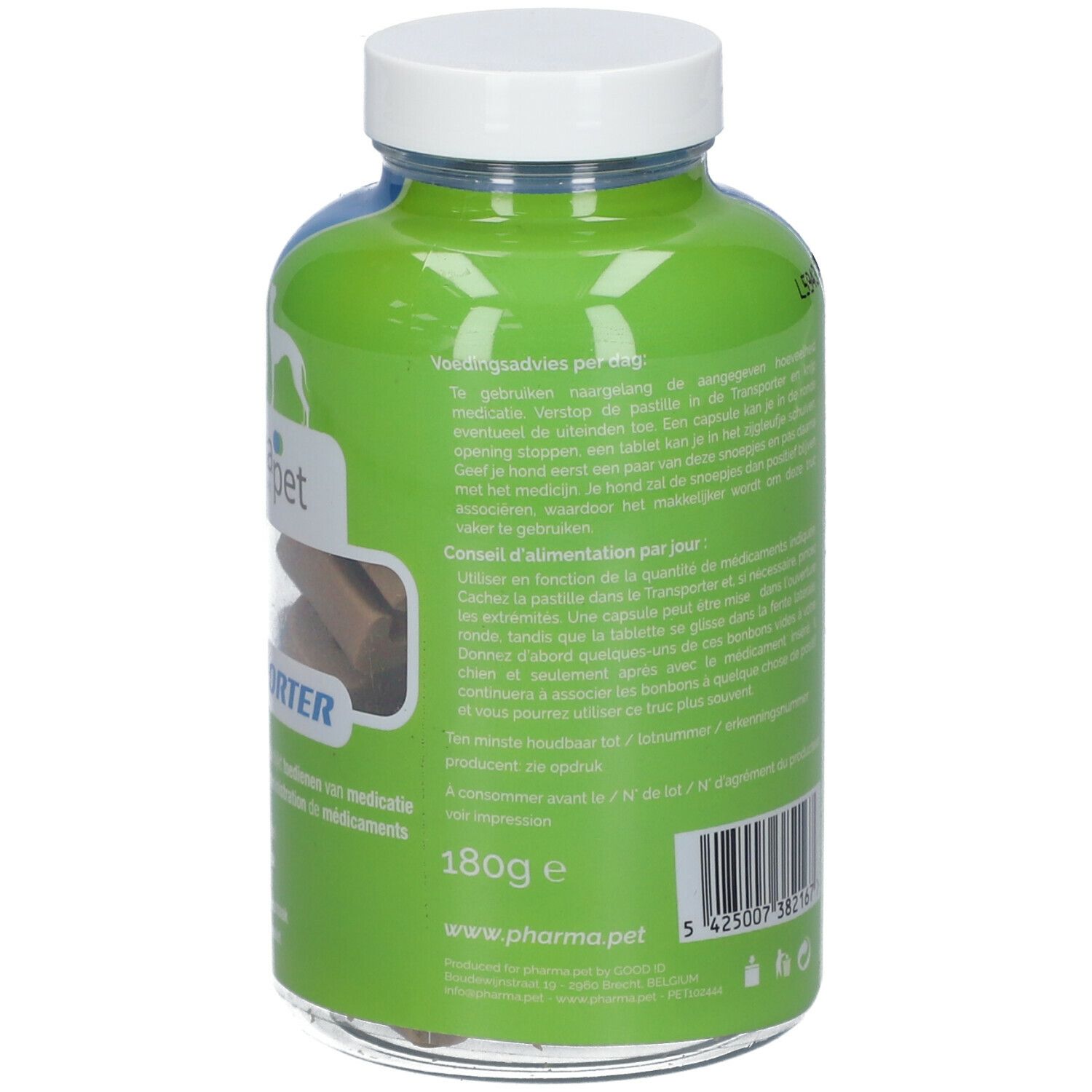 Achterkant van de glazen fles. Groen etiket met tekst en informatie. Witte dop. 180g.