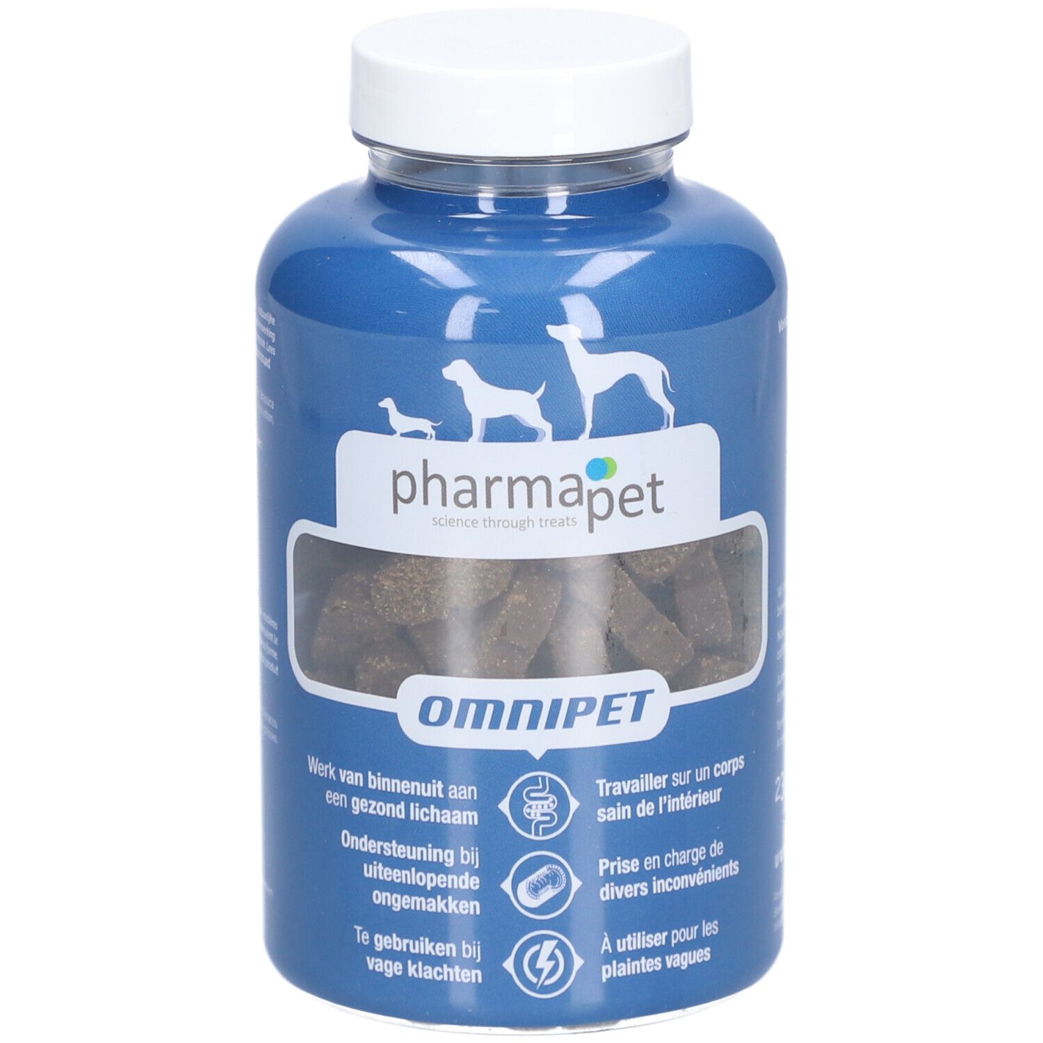 Blauwe fles met witte dop. Bevat bruine tabletten. Opschrift: Pharma Pet, Omnipet. Afbeeldingen van honden.
