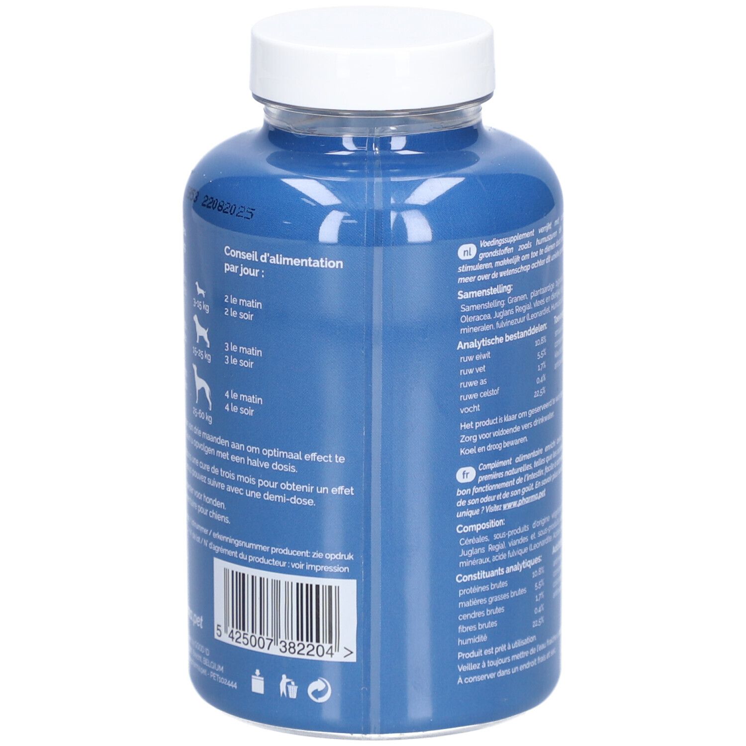 Achterkant van een blauwe fles. Bevat informatie over voedingsaanbevelingen. Tekst in het Nederlands en Frans.