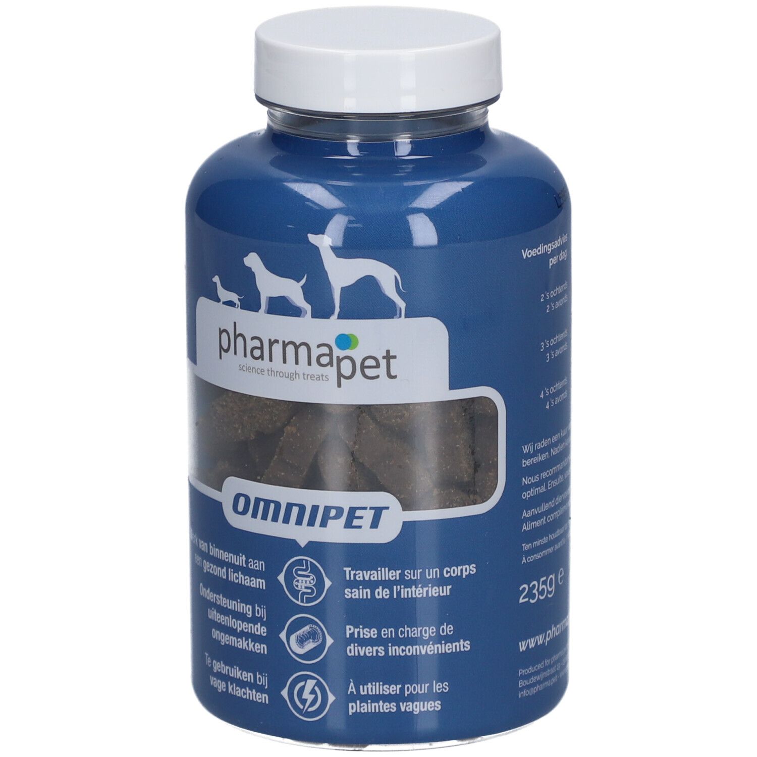 Blauwe fles met witte dop. Bevat bruine tabletten. Opschrift: Pharma Pet, Omnipet. Afbeeldingen van honden. Gewicht: 235g.