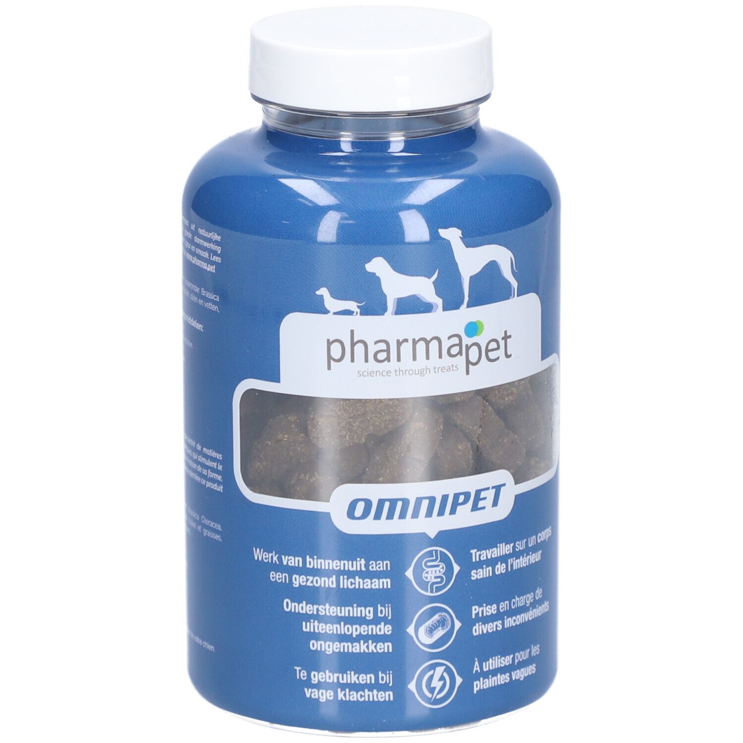 Blauwe fles met witte dop. Bevat bruine tabletten. Opschrift: Pharma Pet, Omnipet. Afbeeldingen van honden. Gewicht: 235g.