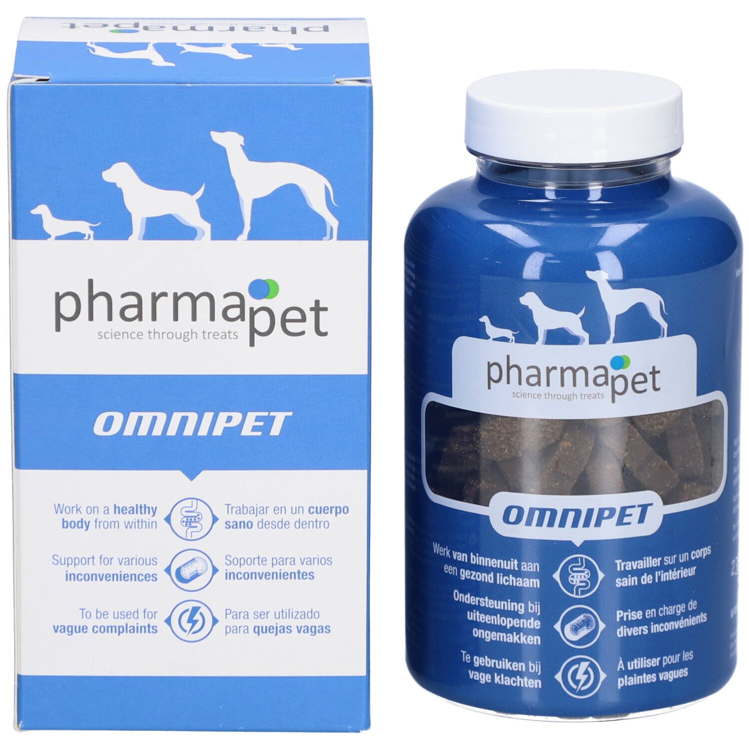 Productverpakking en fles. Verpakking: witte doos met opschrift Pharma Pet, Omnipet. Fles: blauw, witte dop, tabletten.