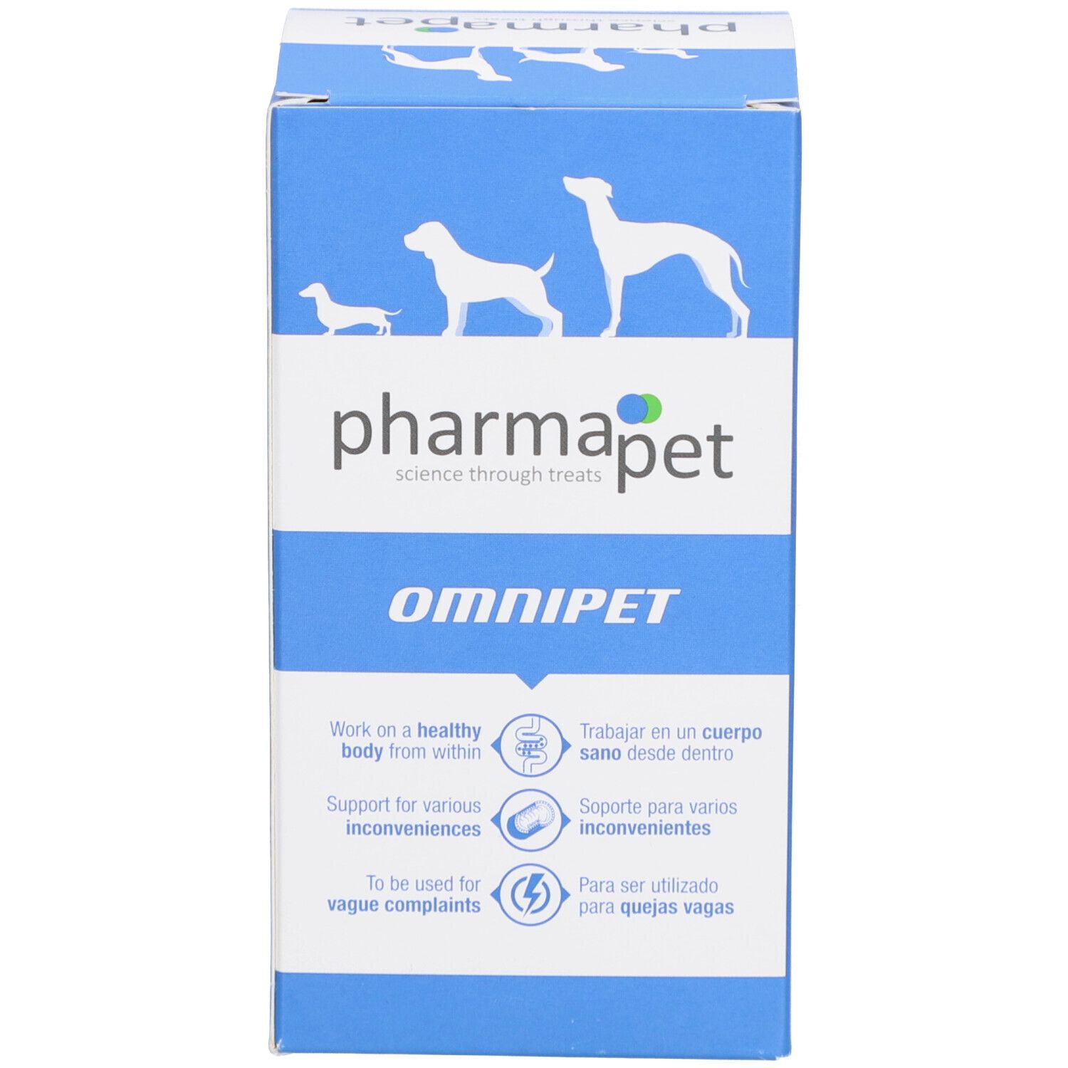 Witte productverpakking. Opschrift: Pharma Pet, Omnipet. Afbeeldingen van honden. Tekst in het Engels, Spaans en Nederlands.