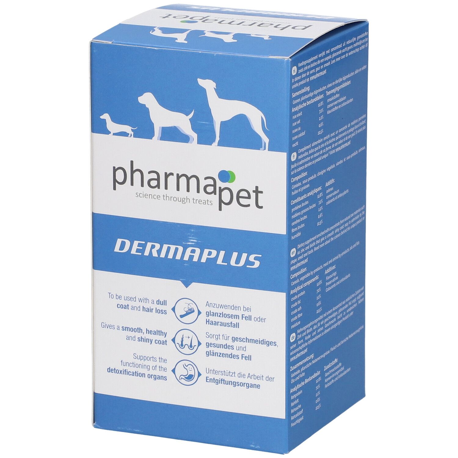Blaue Produktverpackung. Aufschrift: Pharma Pet Dermaplus. Illustrationen von Hunden. Text in Deutsch, Französisch und Niederländisch. Rückseite mit Text.