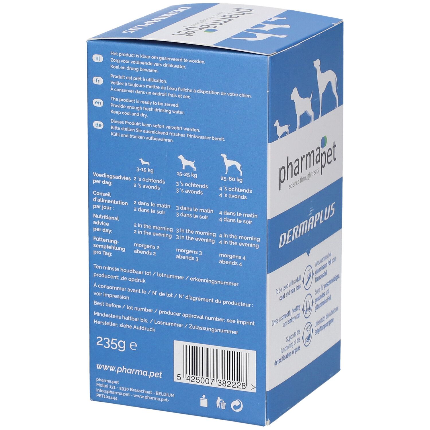Blaue Produktverpackung. Aufschrift: Pharma Pet Dermaplus. Illustrationen von Hunden. Text in Deutsch, Französisch und Niederländisch. Rückseite mit Text.