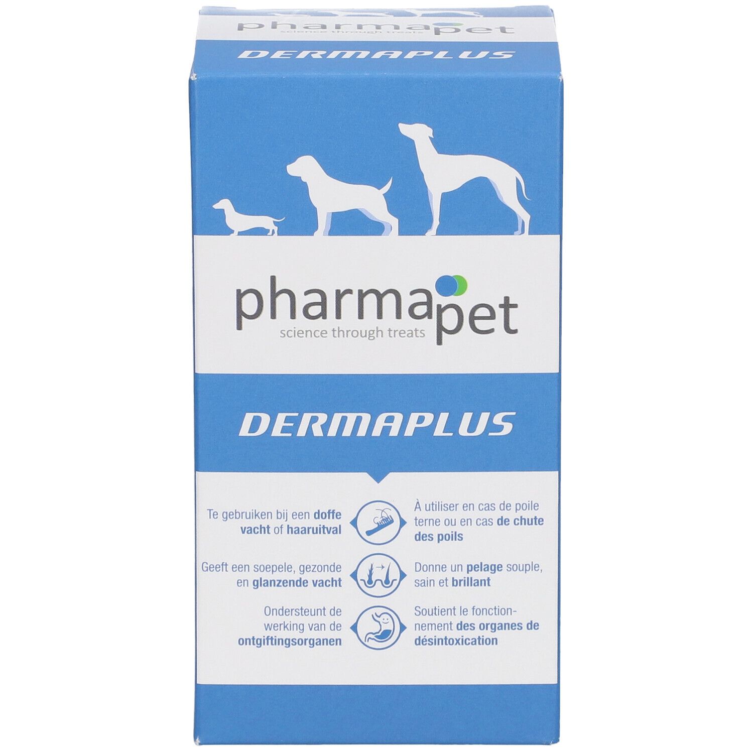 Blaue Produktverpackung. Aufschrift: Pharma Pet Dermaplus. Illustrationen von Hunden. Text in Deutsch, Französisch und Niederländisch.