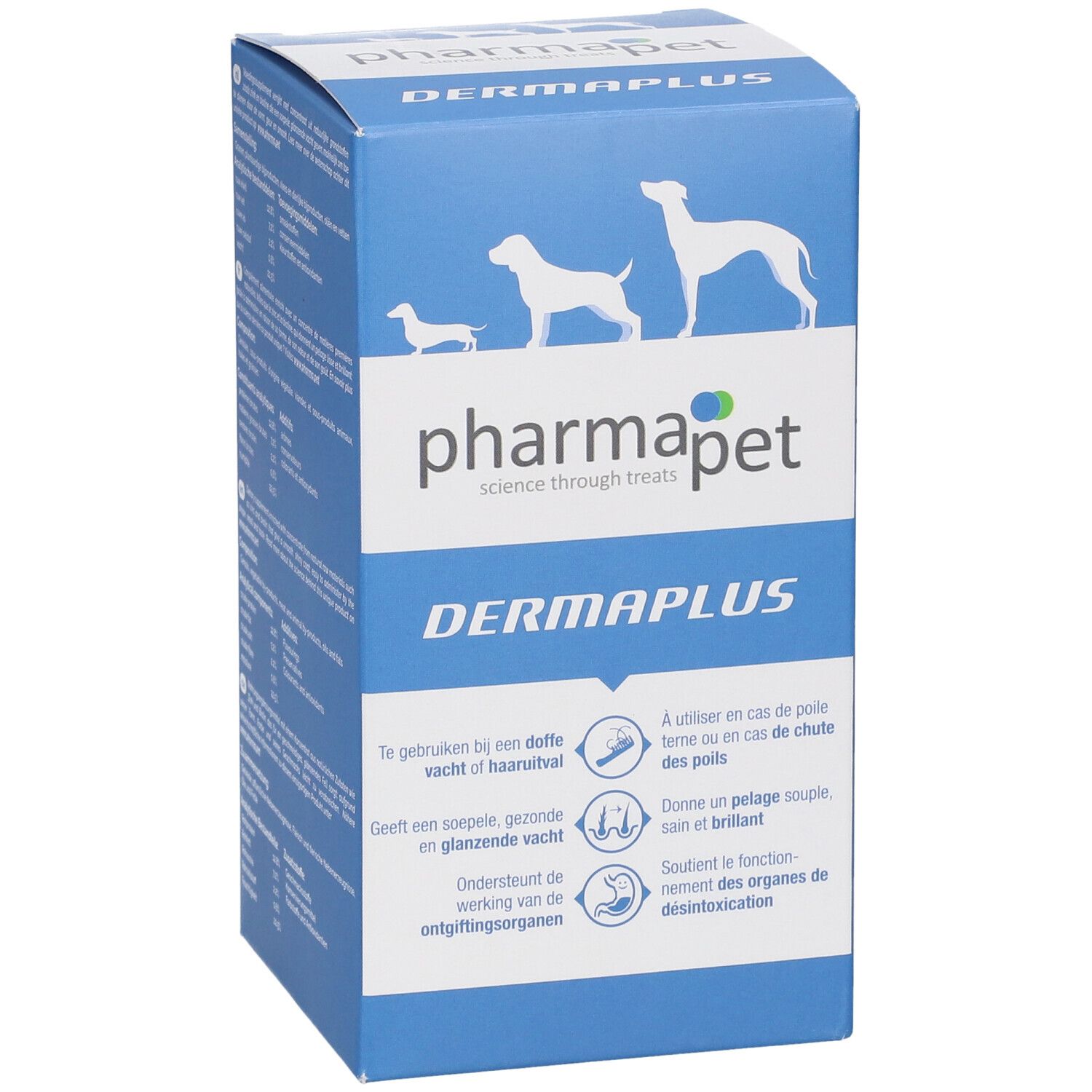 Blaue Produktverpackung. Aufschrift: Pharma Pet Dermaplus. Illustrationen von Hunden. Text in Deutsch, Französisch und Niederländisch.