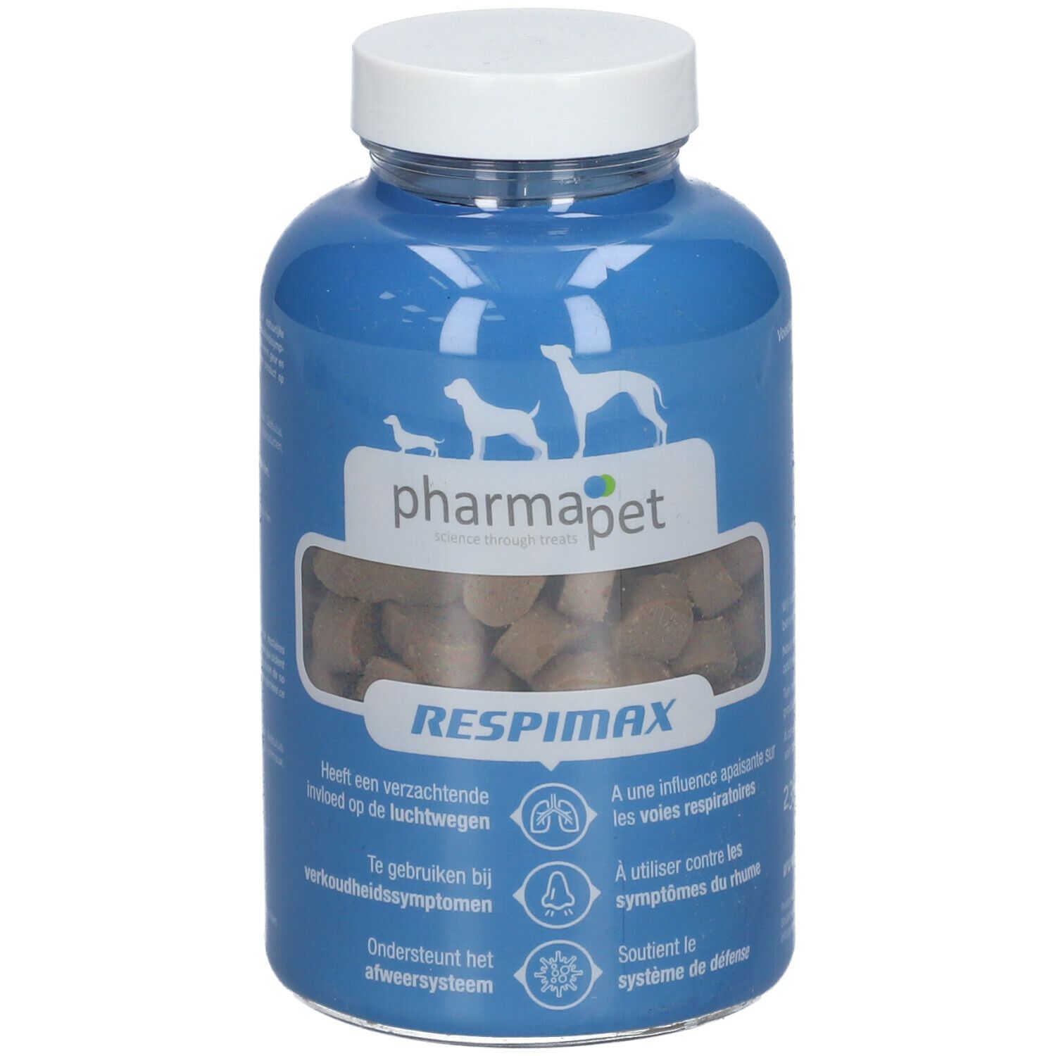 Blauwe fles met witte dop. Bevat bruine tabletten. Opschrift: Pharma Pet Respimax.