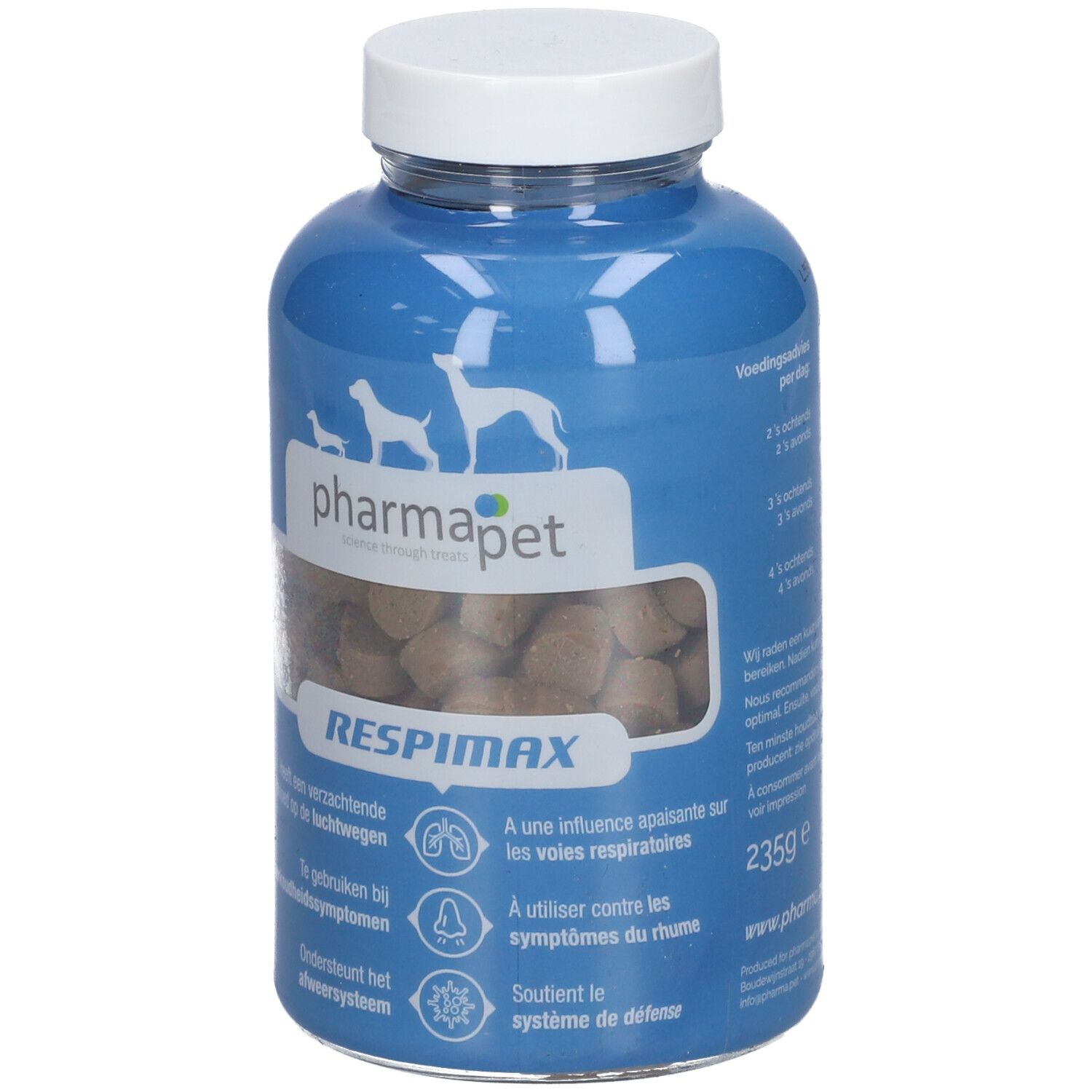 Blauwe fles met witte dop. Bevat bruine tabletten. Opschrift: Pharma Pet Respimax.