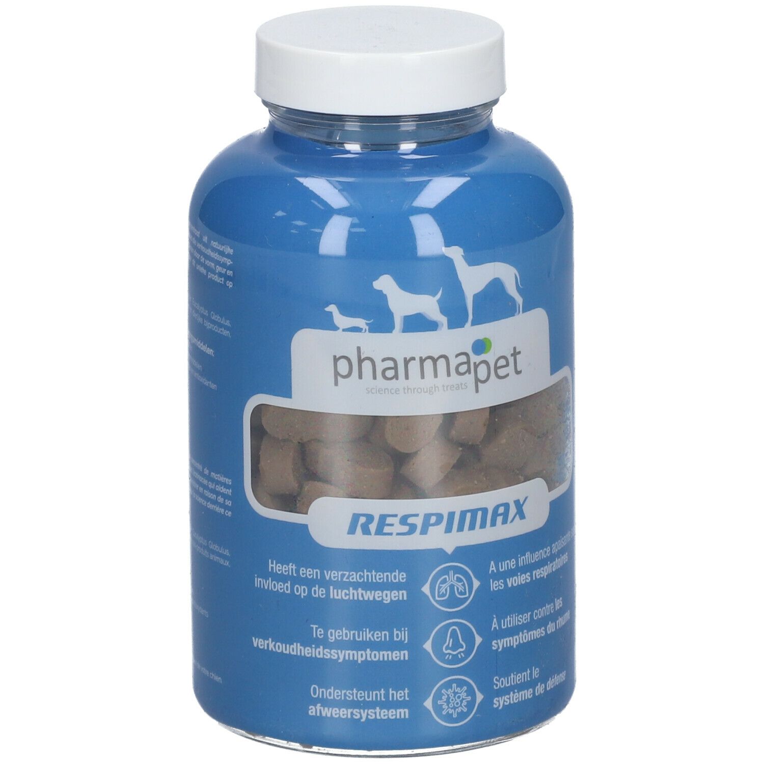 Blauwe fles met witte dop. Bevat bruine tabletten. Opschrift: Pharma Pet Respimax.