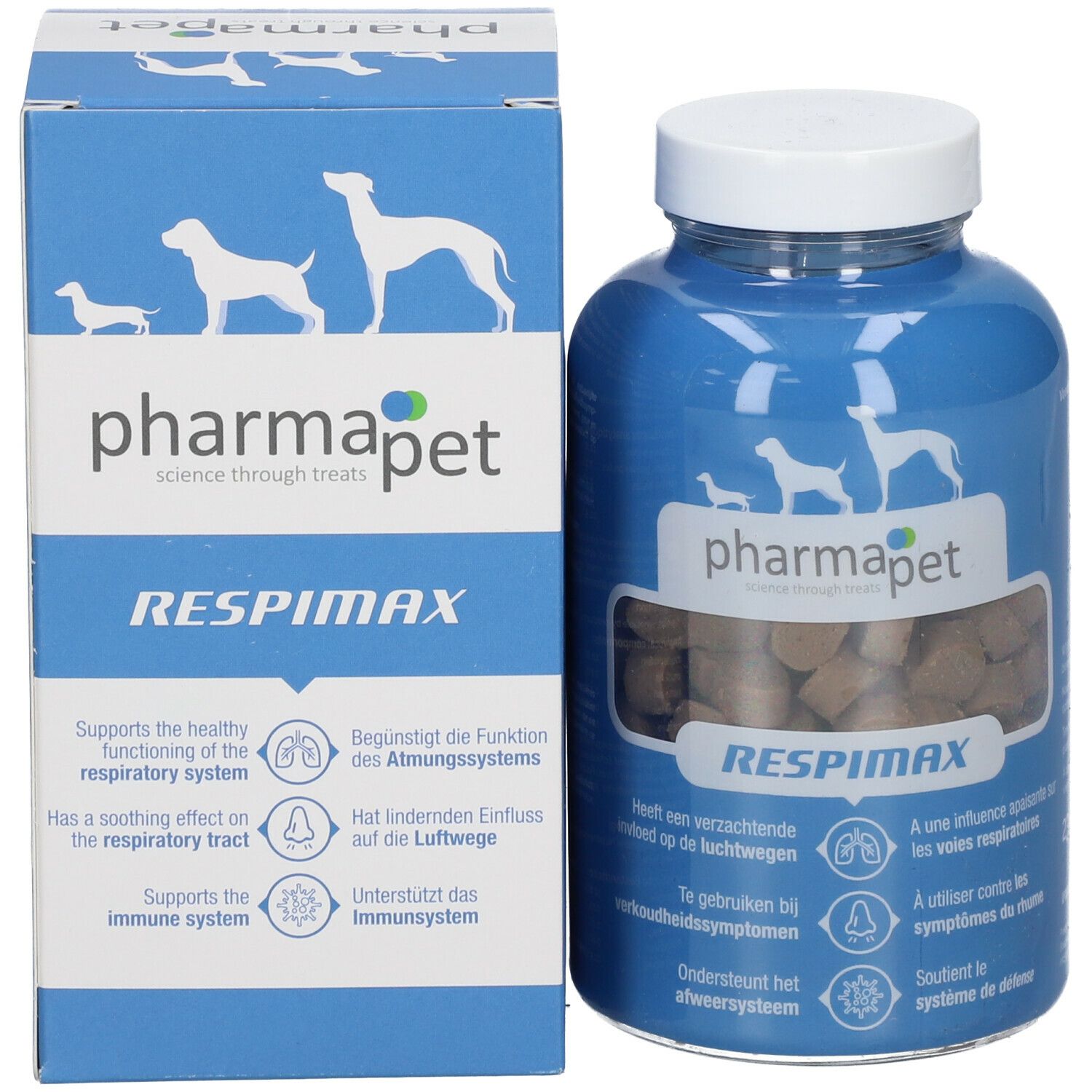 Blauwe fles en doos. Opschrift: Pharma Pet Respimax. Bevat tabletten. Witte dop.