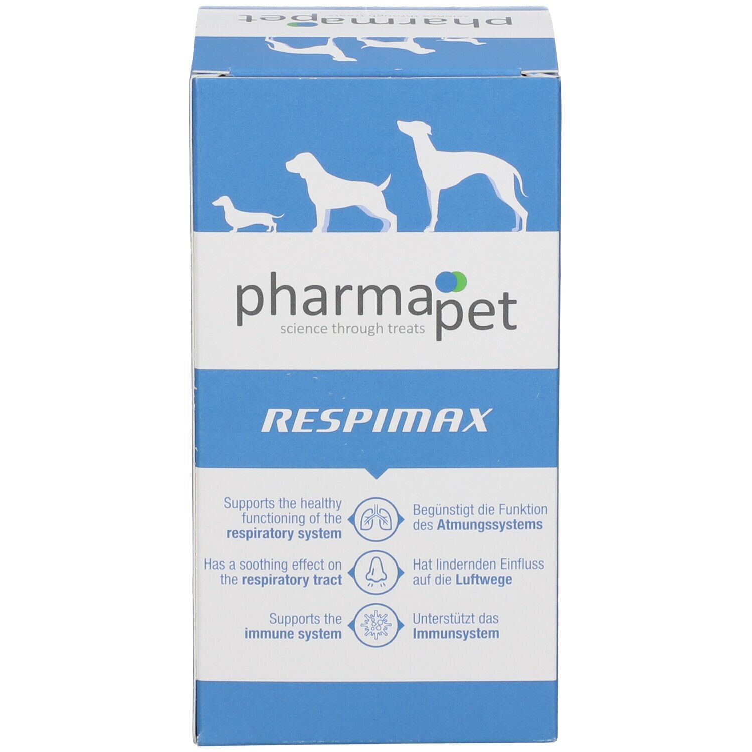 Witte doos met opschrift: Pharma Pet Respimax. Bevat logo's en tekst.