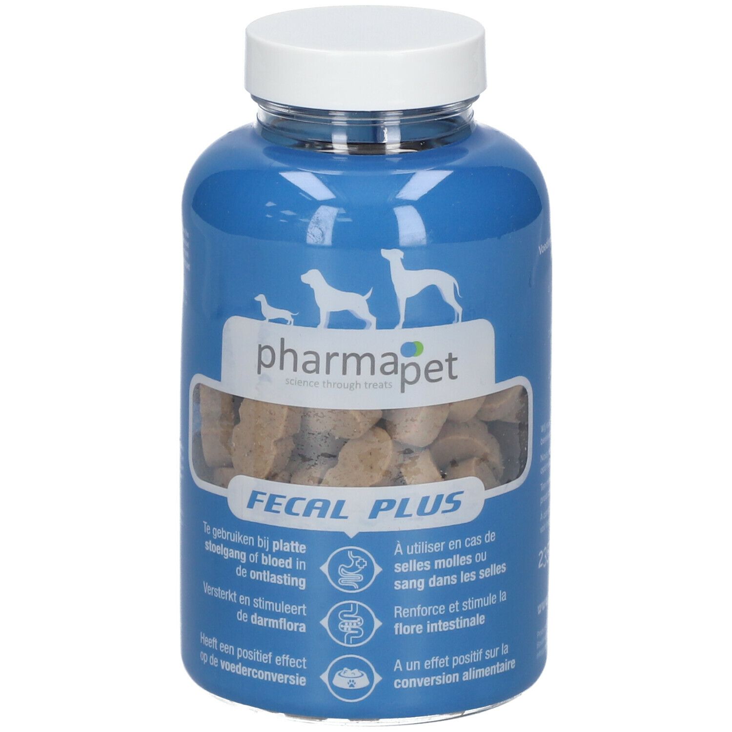 Blauwe fles met witte dop. Bevat tabletten. Opschrift: Pharma Pet Fecal Plus. Illustraties van honden.