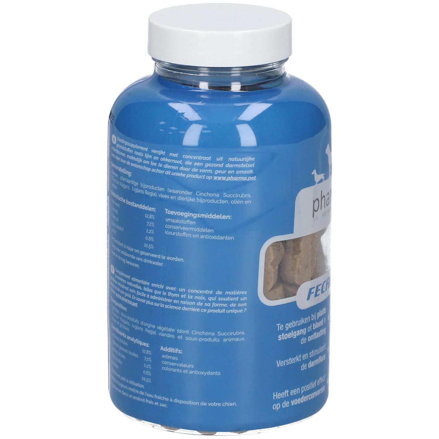 Achterkant van een blauwe fles met witte dop. Tekst in meerdere talen. Bevat tabletten.