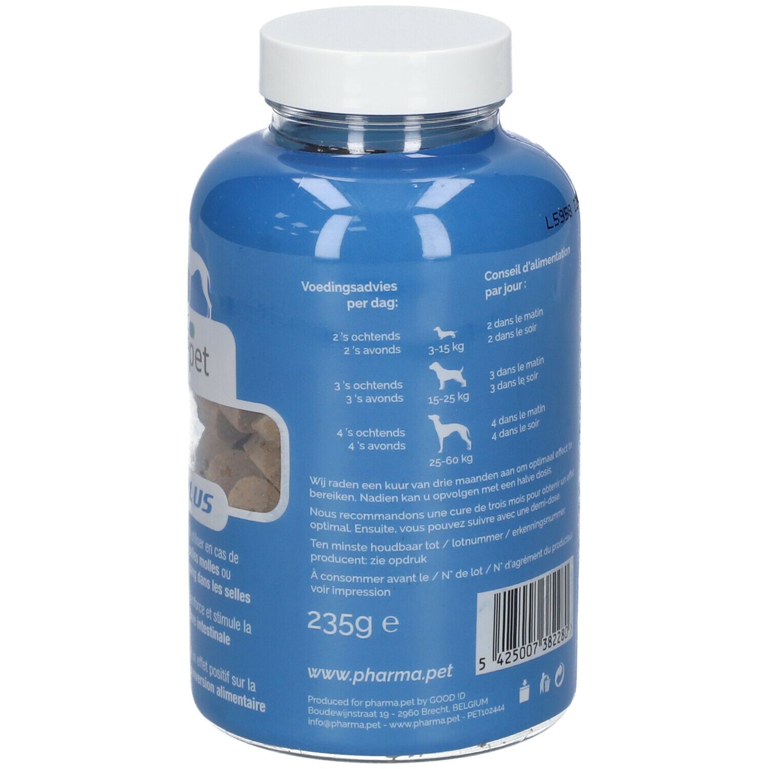 Blauwe fles met witte dop. Tekst in meerdere talen. Bevat tabletten. Opschrift: 235g.