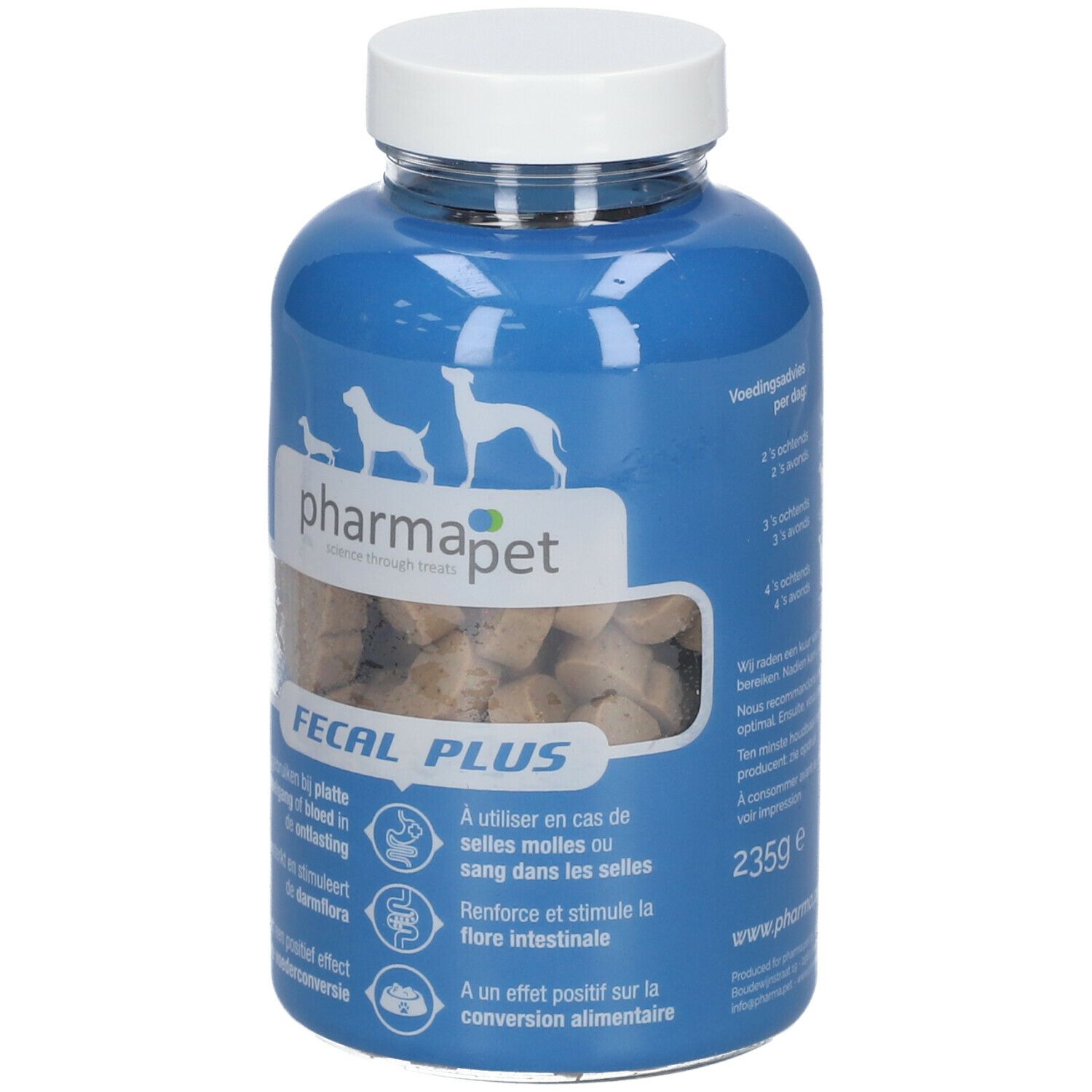 Blauwe fles met witte dop. Bevat tabletten. Opschrift: Pharma Pet Fecal Plus. Illustraties van honden.