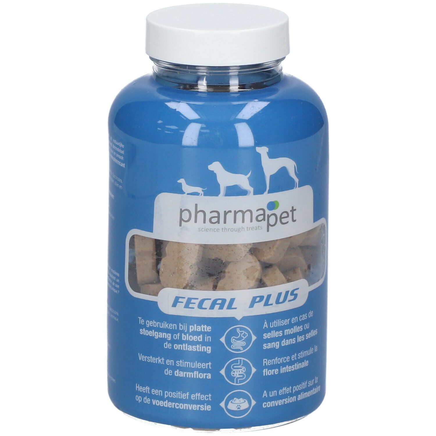 Blauwe fles met witte dop. Bevat tabletten. Opschrift: Pharma Pet Fecal Plus. Illustraties van honden.