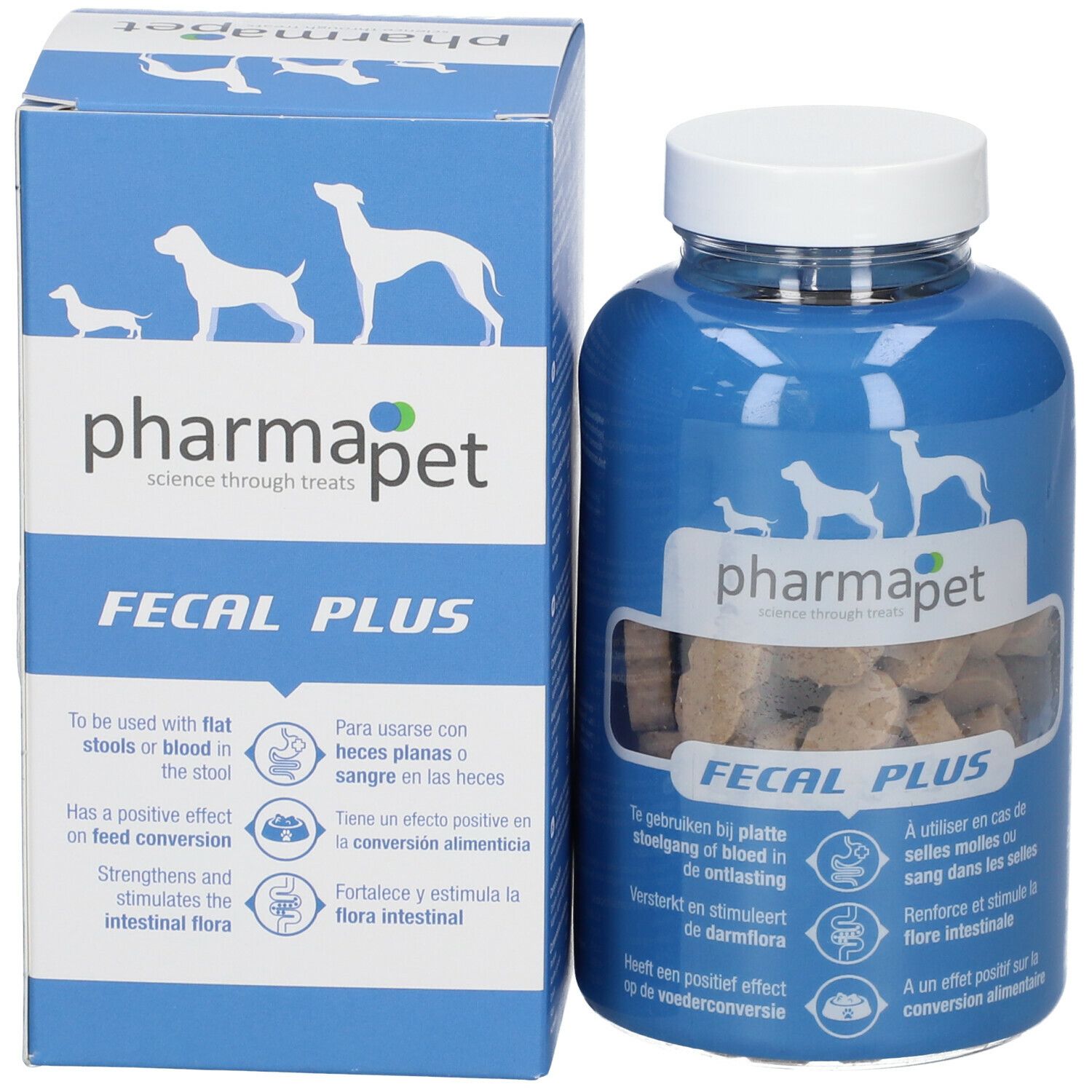 Productverpakking: fles en doos. Opschrift: Pharma Pet Fecal Plus. Illustraties van honden.
