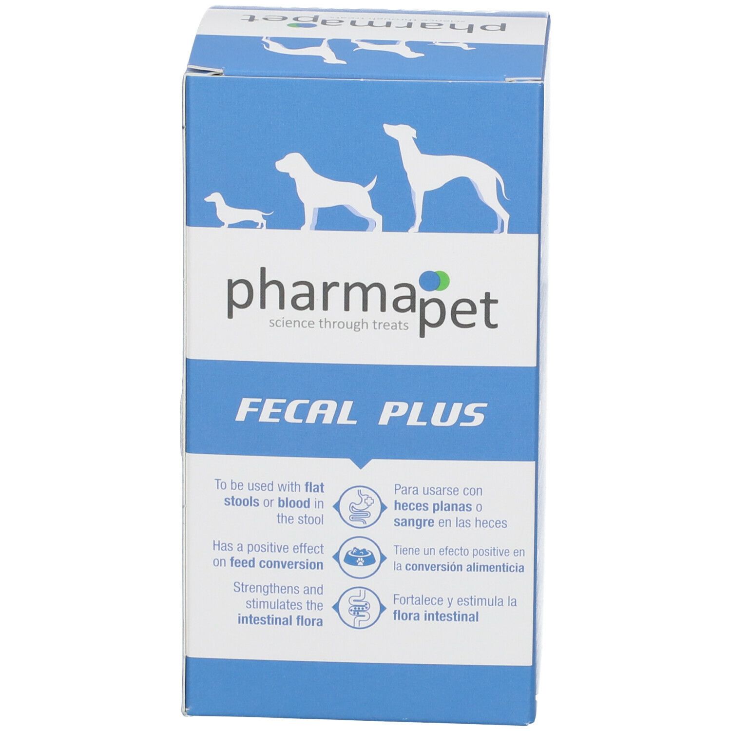 Blauwe doos met witte dop. Opschrift: Pharma Pet Fecal Plus. Illustraties van honden.