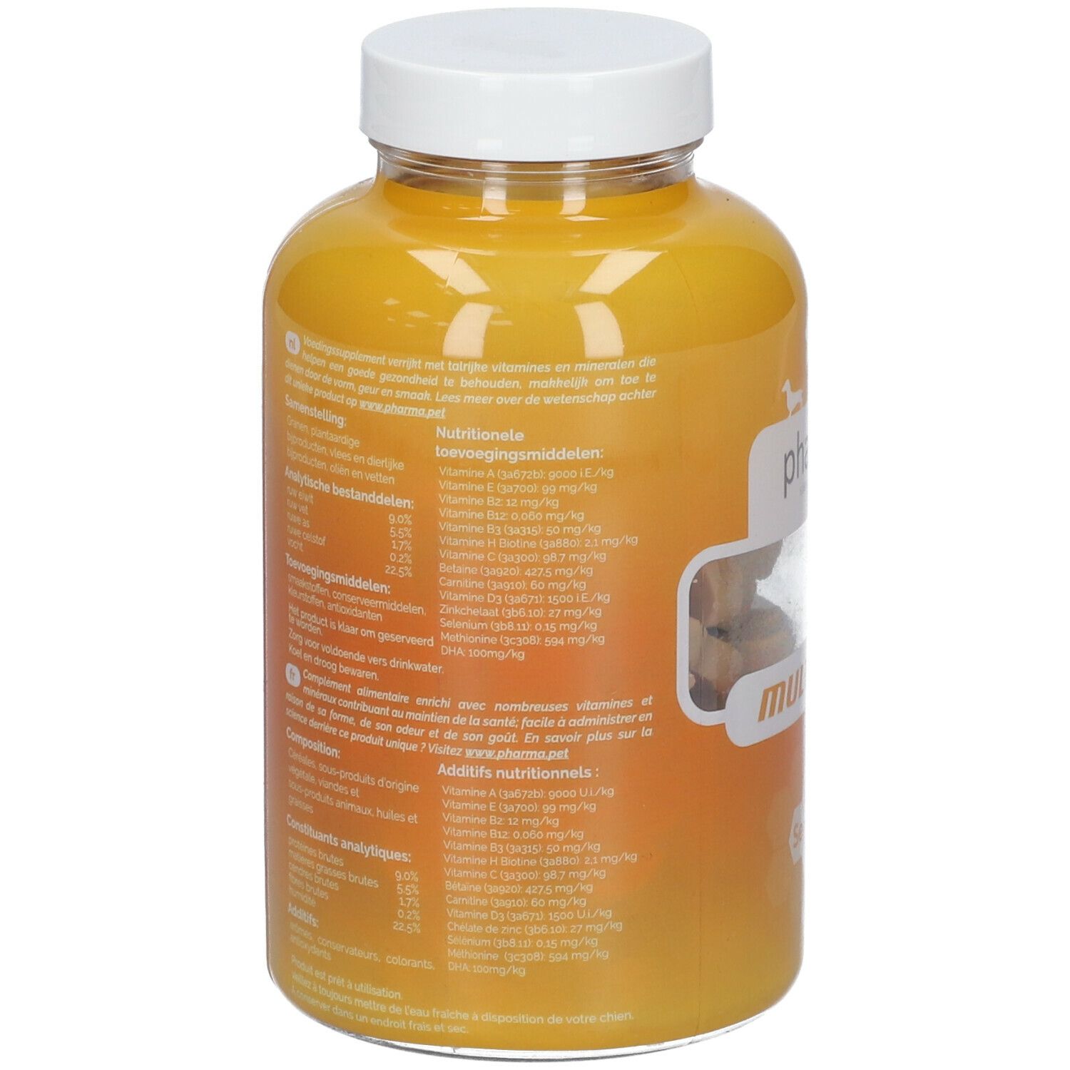 Achterkant van de gele fles. Tekst in meerdere talen. Bevat informatie over ingrediënten en voedingswaarden.
