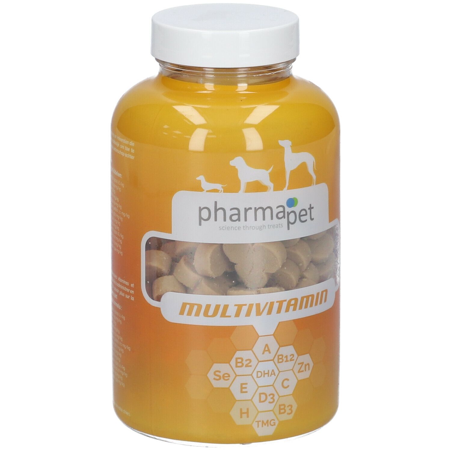 Gele fles met witte dop. Bevat tabletten. Opschrift: pharmapet Multivitamin. Met vitamine-symbolen.