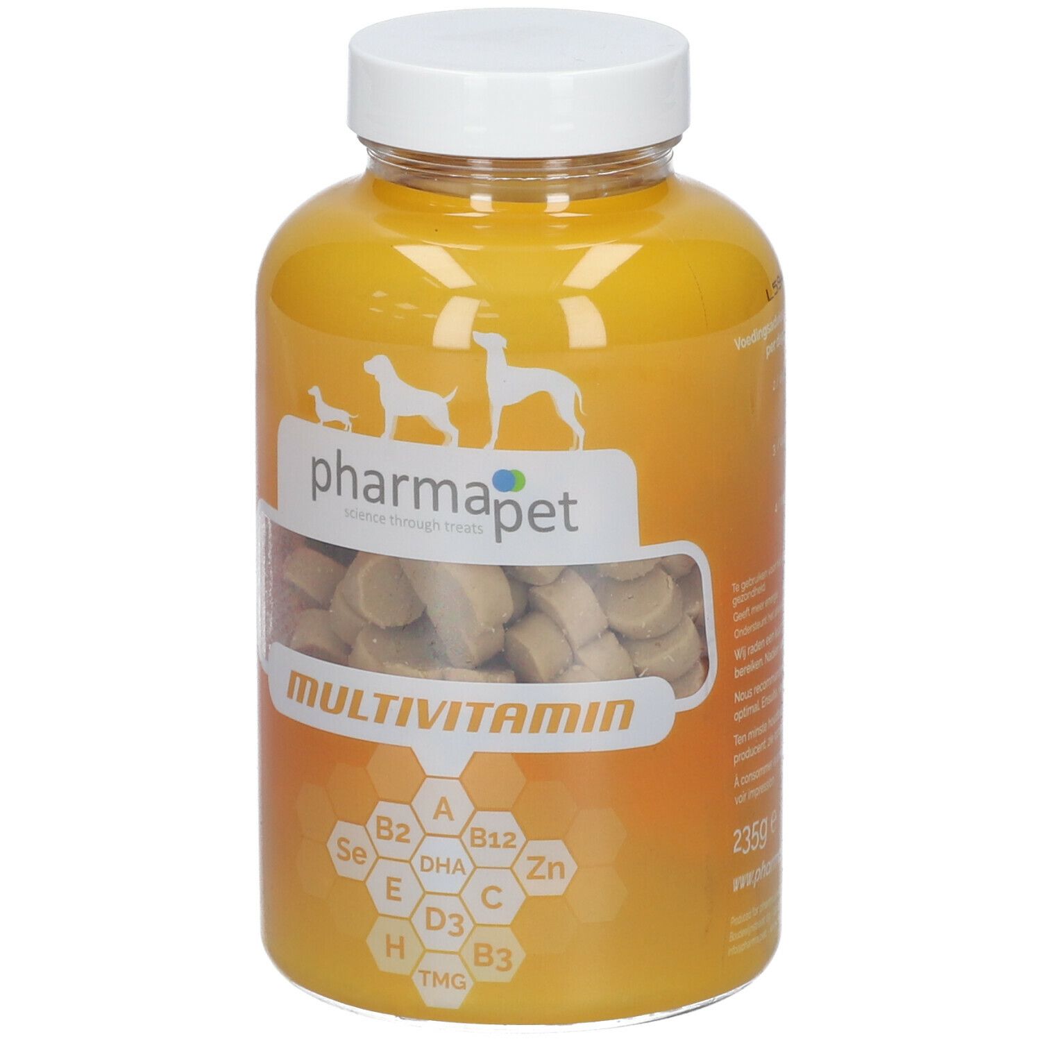 Gele fles met witte dop. Bevat tabletten. Opschrift: pharmapet Multivitamin. Met vitamine-symbolen.