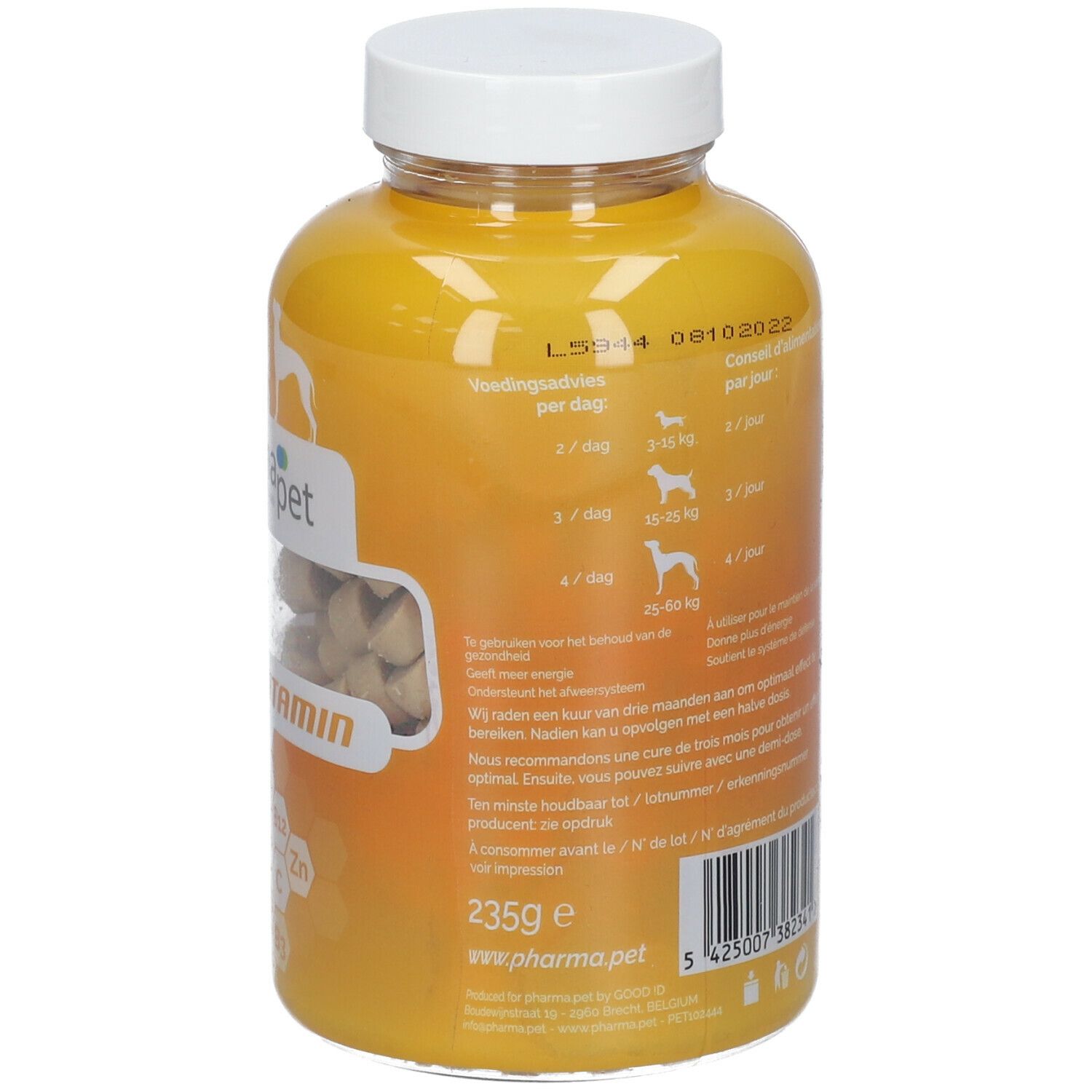 Achterkant van de gele fles. Tekst in meerdere talen. Informatie over dosering en ingrediënten. 235g.