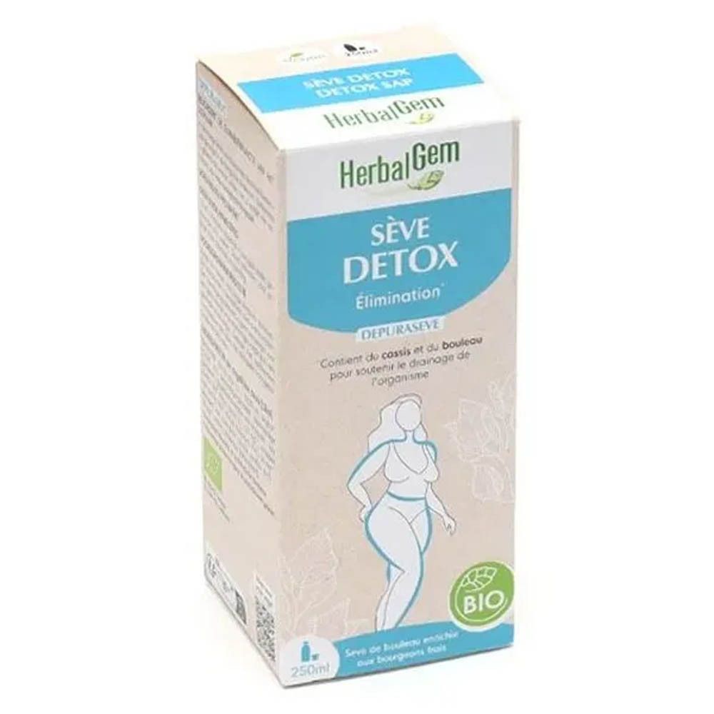 Boîte HerbalGem Sève Detox. Inscription Sève Detox, Élimination. Logo Bio. Illustration d'une femme. Contenance 250ml.