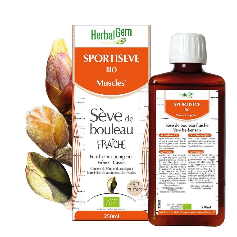 Bruine fles en verpakking met productnaam en logo. Bio-certificering. Bevat berkenknoppen en zwarte bes.