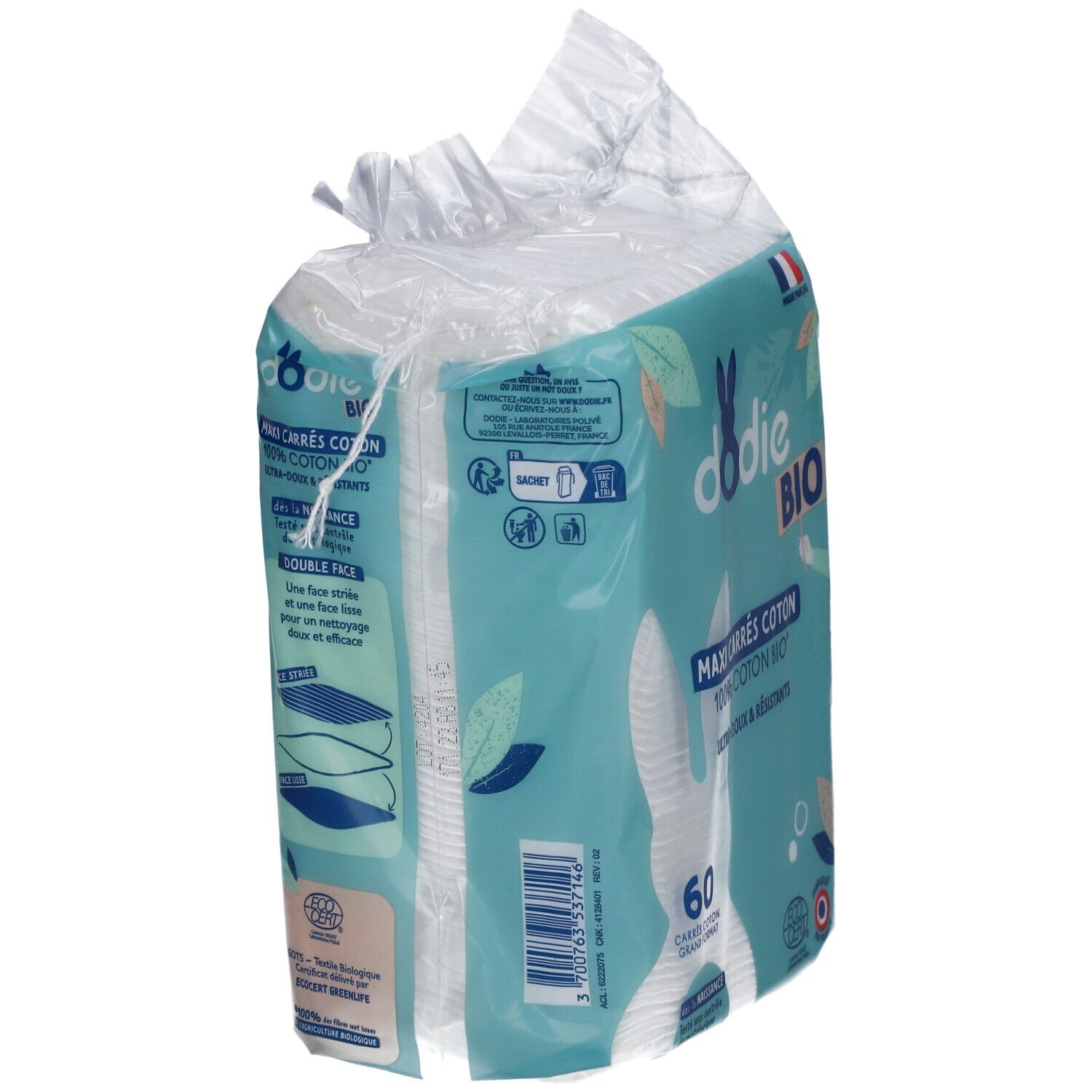 Paquet de dodie® Maxi Carrés Coton Bio. 60 carrés. Emballage bleu avec logo et texte. Certification Ecocert.