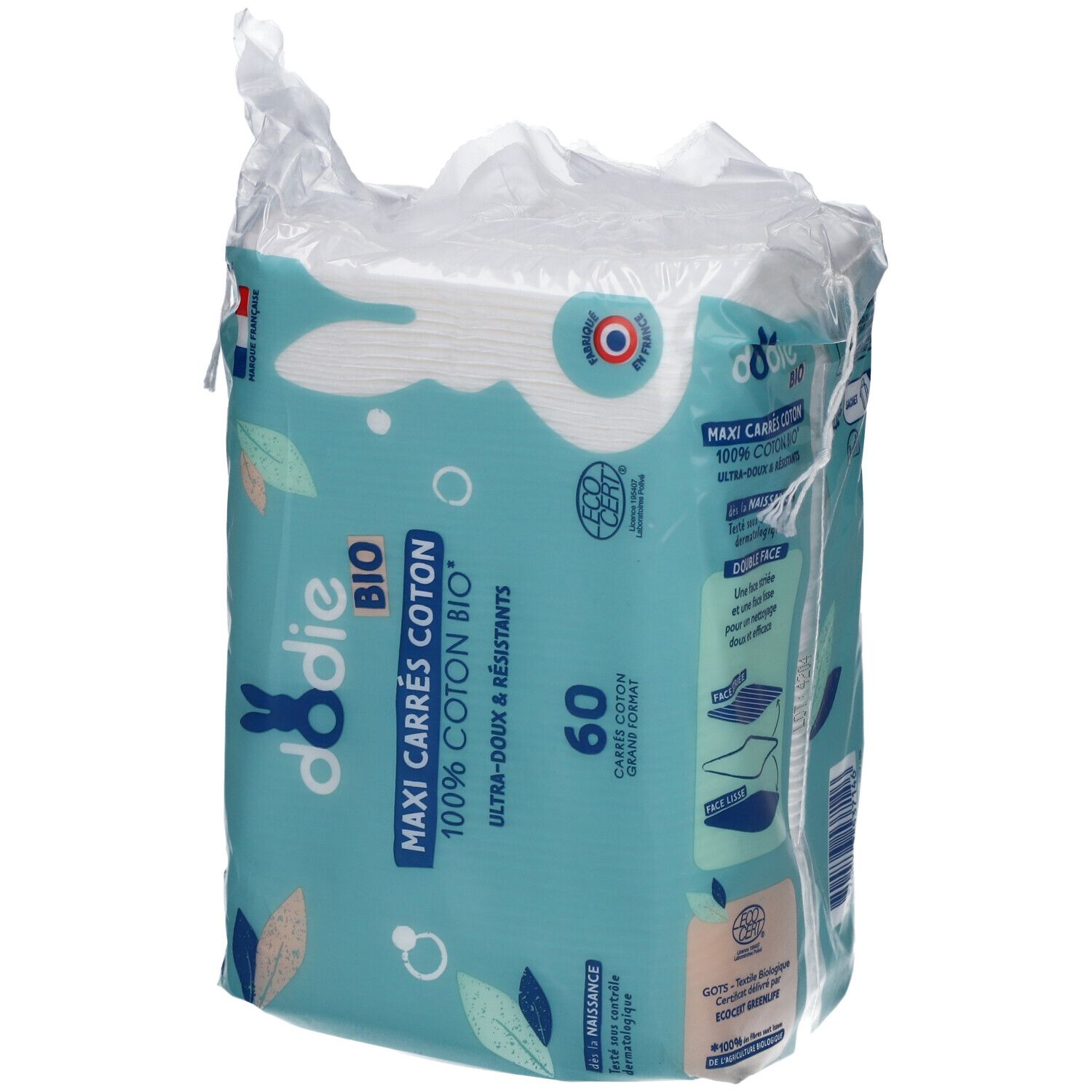 Paquet de dodie® Maxi Carrés Coton Bio. 60 carrés. Emballage bleu avec logo et texte. Certification Ecocert.
