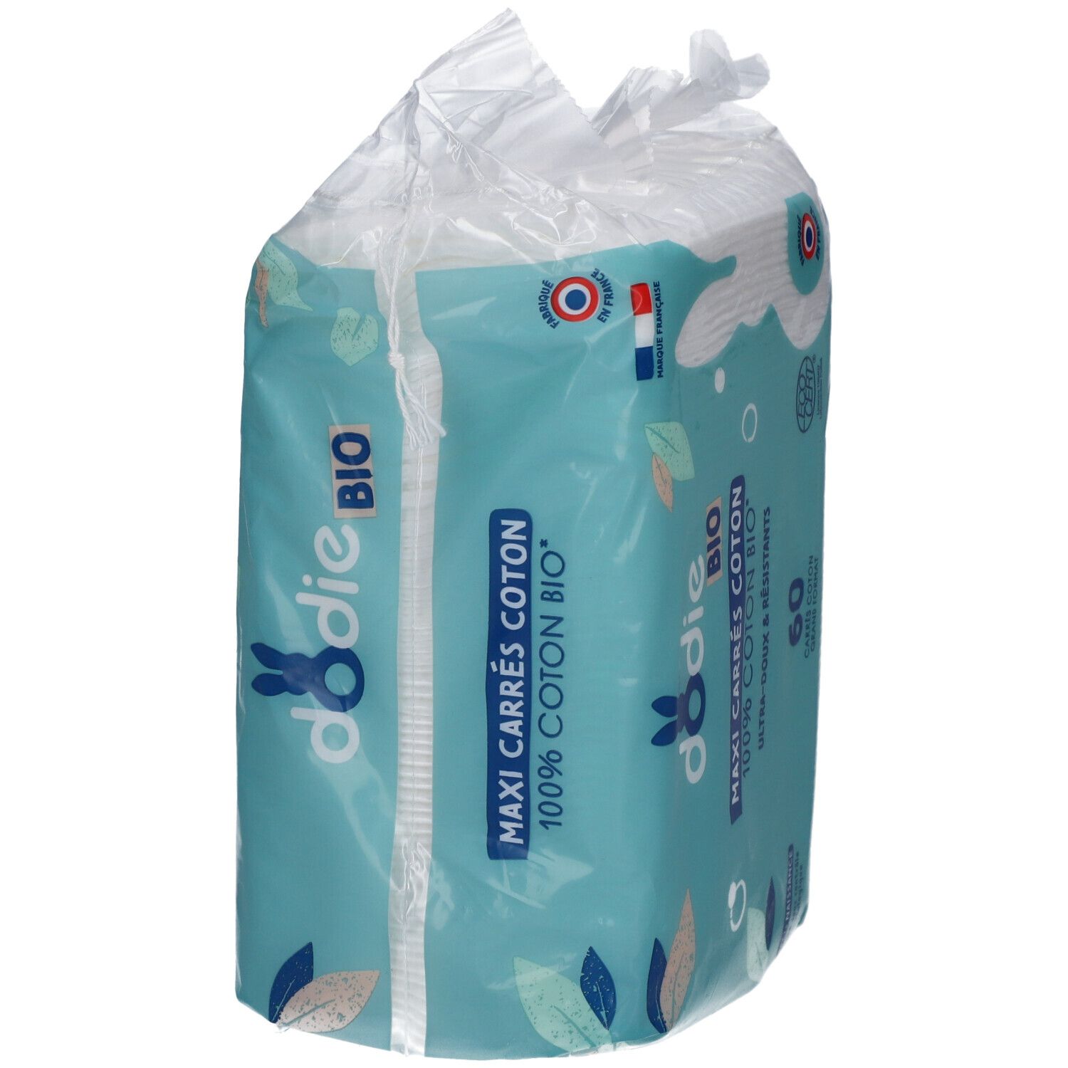 Paquet de dodie® Maxi Carrés Coton Bio. 60 carrés. Emballage bleu avec logo et texte. Certification Ecocert.
