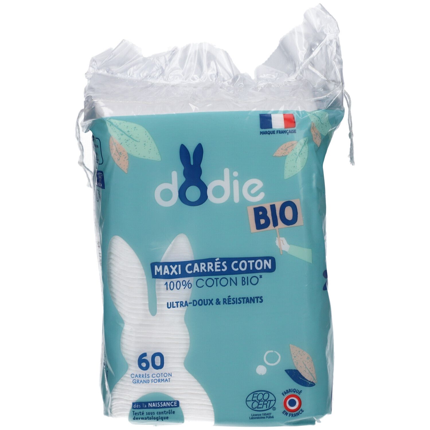 Paquet de dodie® Maxi Carrés Coton Bio. 60 carrés. Emballage bleu avec logo et texte. Certification Ecocert.
