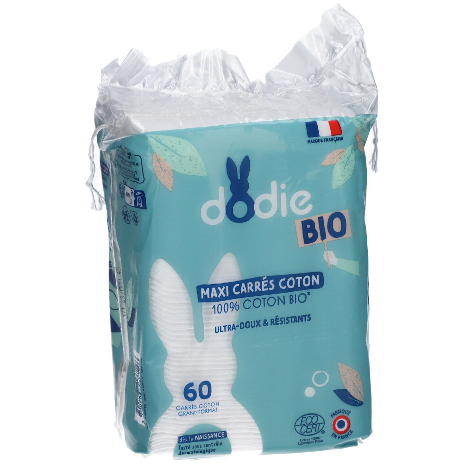 Paquet de dodie® Maxi Carrés Coton Bio. 60 carrés. Emballage bleu avec logo et texte. Certification Ecocert.