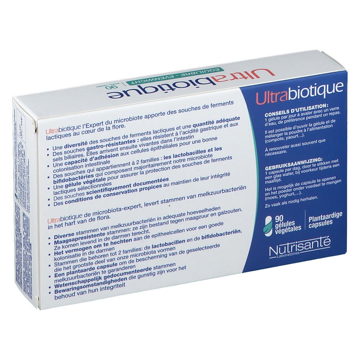 Dos de la boîte Ultrabiotique Balance 2. Texte avec ingrédients et instructions d'utilisation.