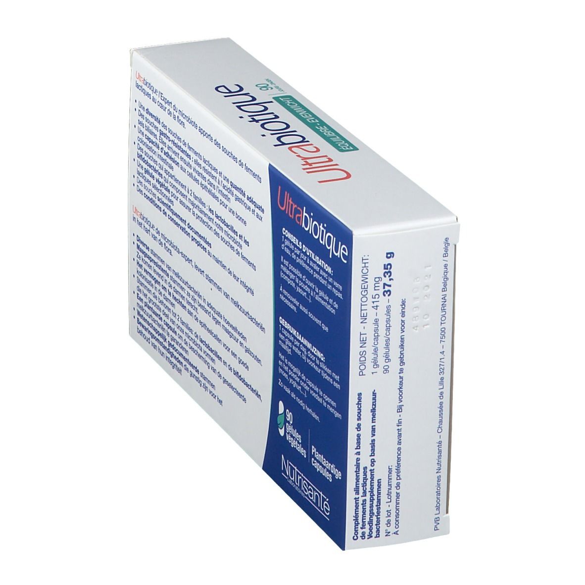 Vue en biais de la boîte Ultrabiotique Balance 2. Nom du produit et informations sur la boîte.