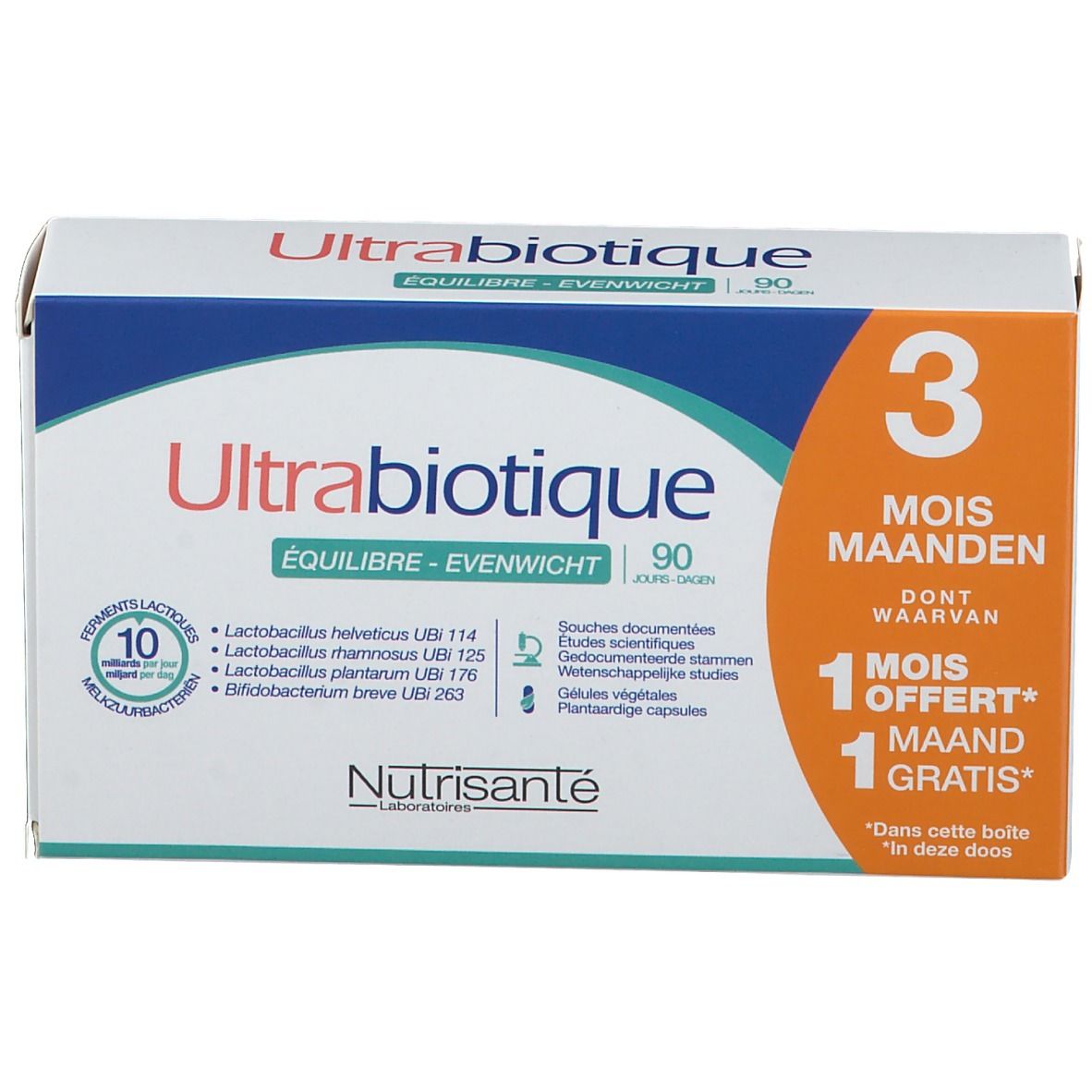 Vue de face de la boîte Ultrabiotique Balance 2. Boîte blanche, bleue et orange avec informations.