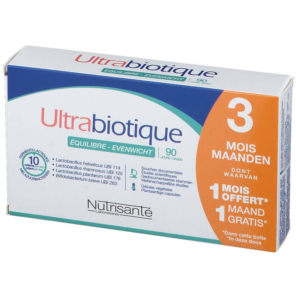 Vue de face de la boîte Ultrabiotique Balance 2. Boîte blanche, bleue et orange avec informations.