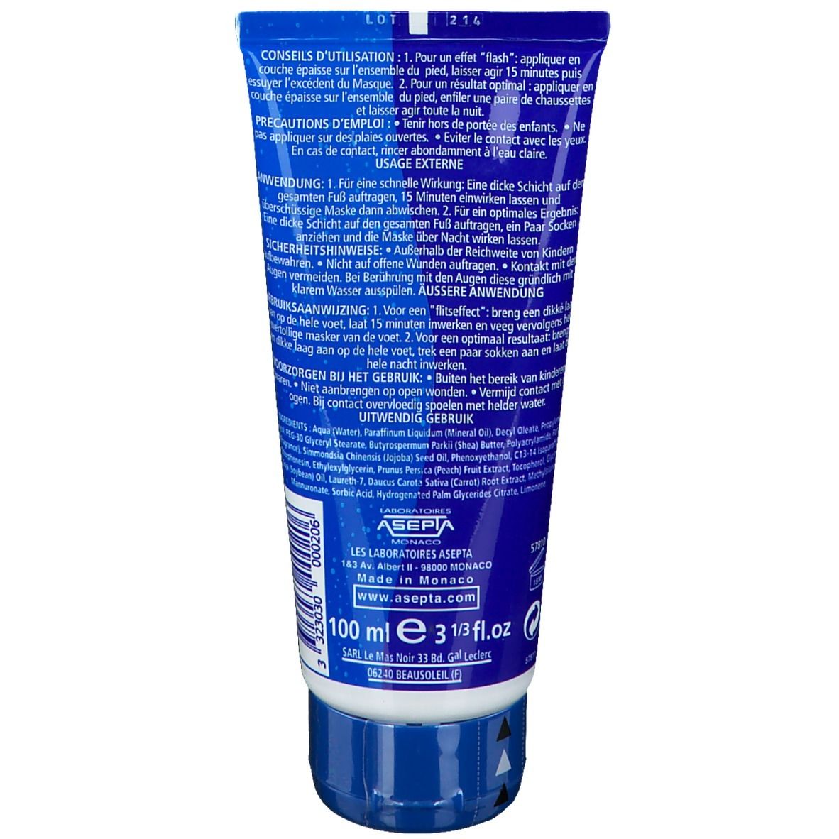Tube de masque pour les pieds, bleu et blanc. Texte: ASEPTA, 100 ml. Instructions en plusieurs langues.
