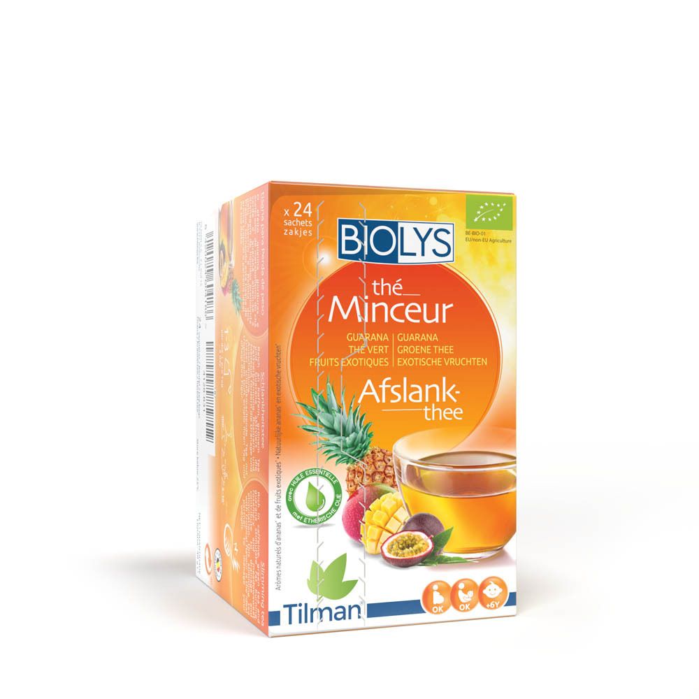 Boîte de Biolys Thé Vert au Guarana Exotique. Emballage orange avec illustration et texte. Contient 24 sachets de thé.
