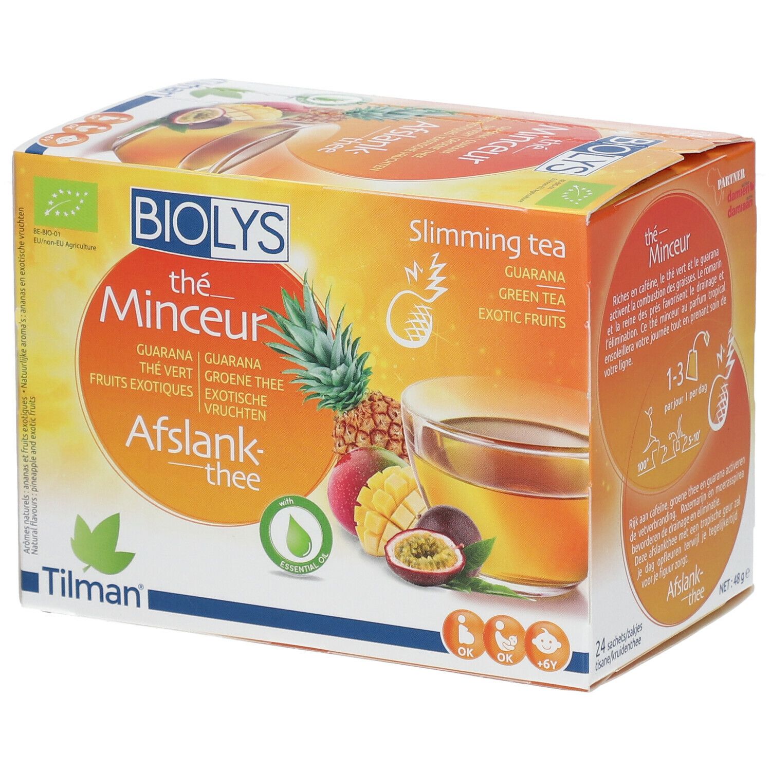 Boîte de Biolys Thé Vert au Guarana Exotique. Emballage orange avec illustration et texte. Contient 24 sachets de thé.