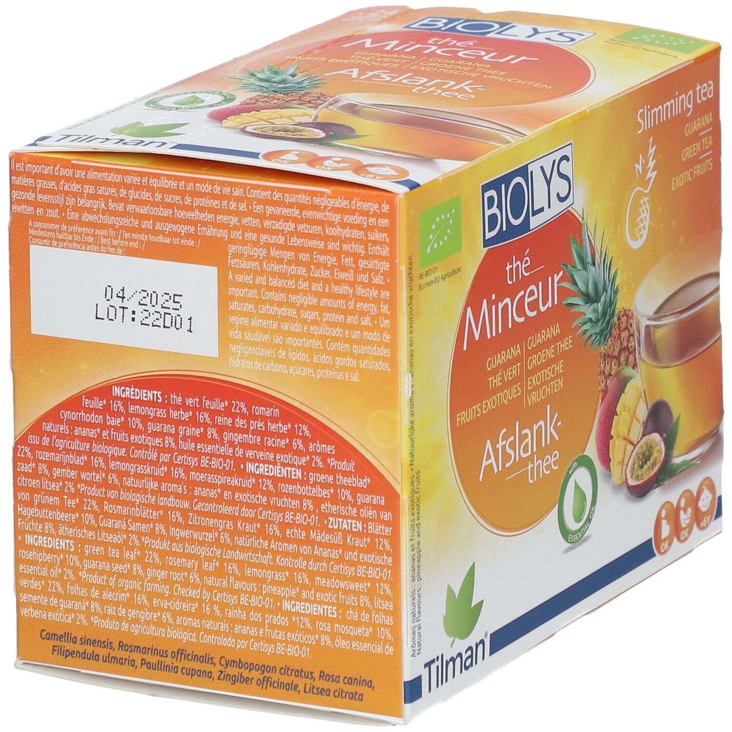 Dos de la boîte Biolys Thé Vert au Guarana Exotique. Texte multilingue, liste des ingrédients et date de péremption.
