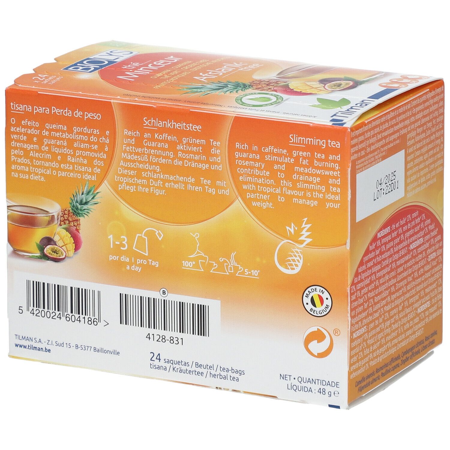 Côté de la boîte Biolys Thé Vert au Guarana Exotique. Texte multilingue, informations d'utilisation et ingrédients.